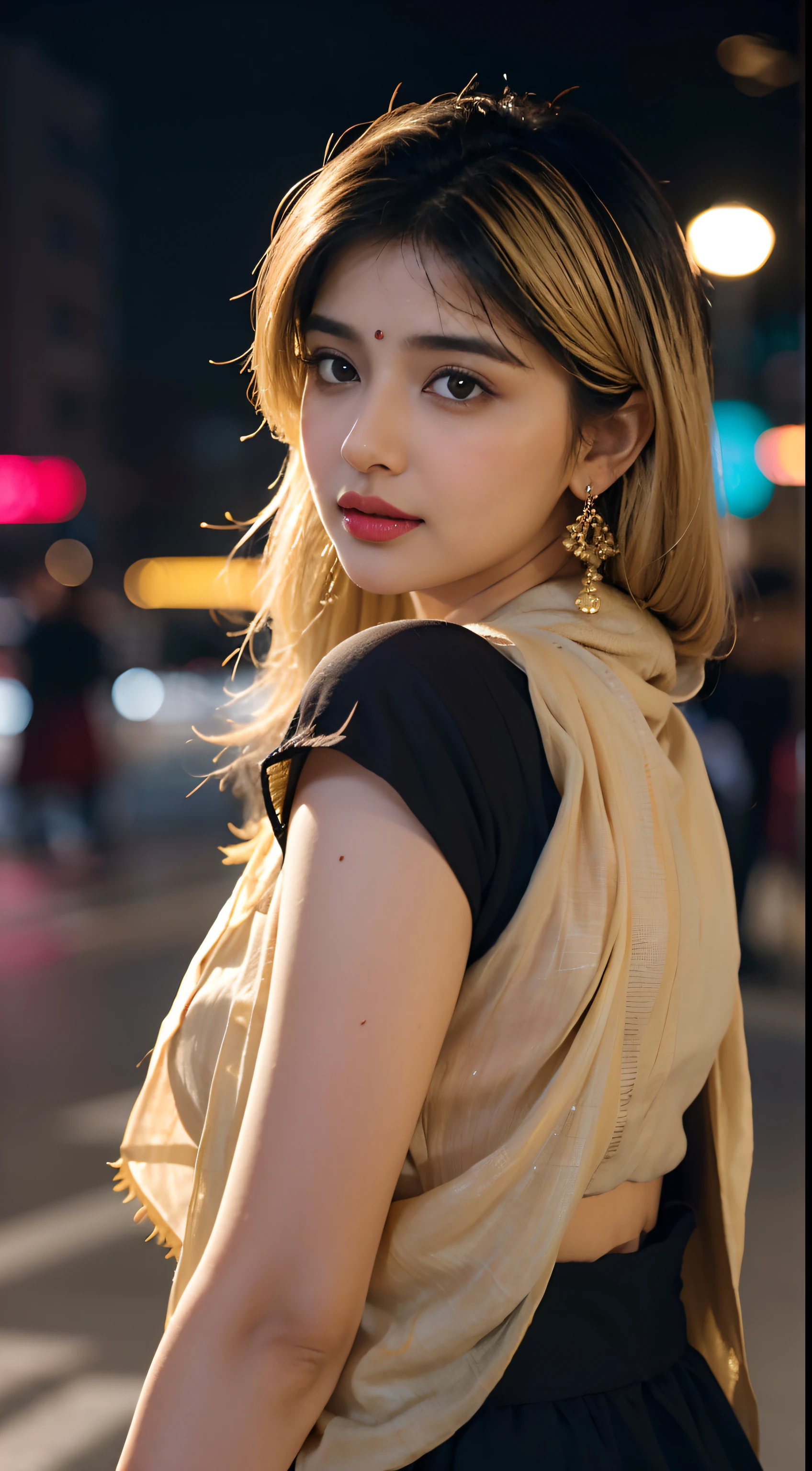 (((desi girl))), chubby face, natural skin, wearing hot deep neck top and dupatta, charming black hair, ((hair ends are blonde)), city streets background, bokeh