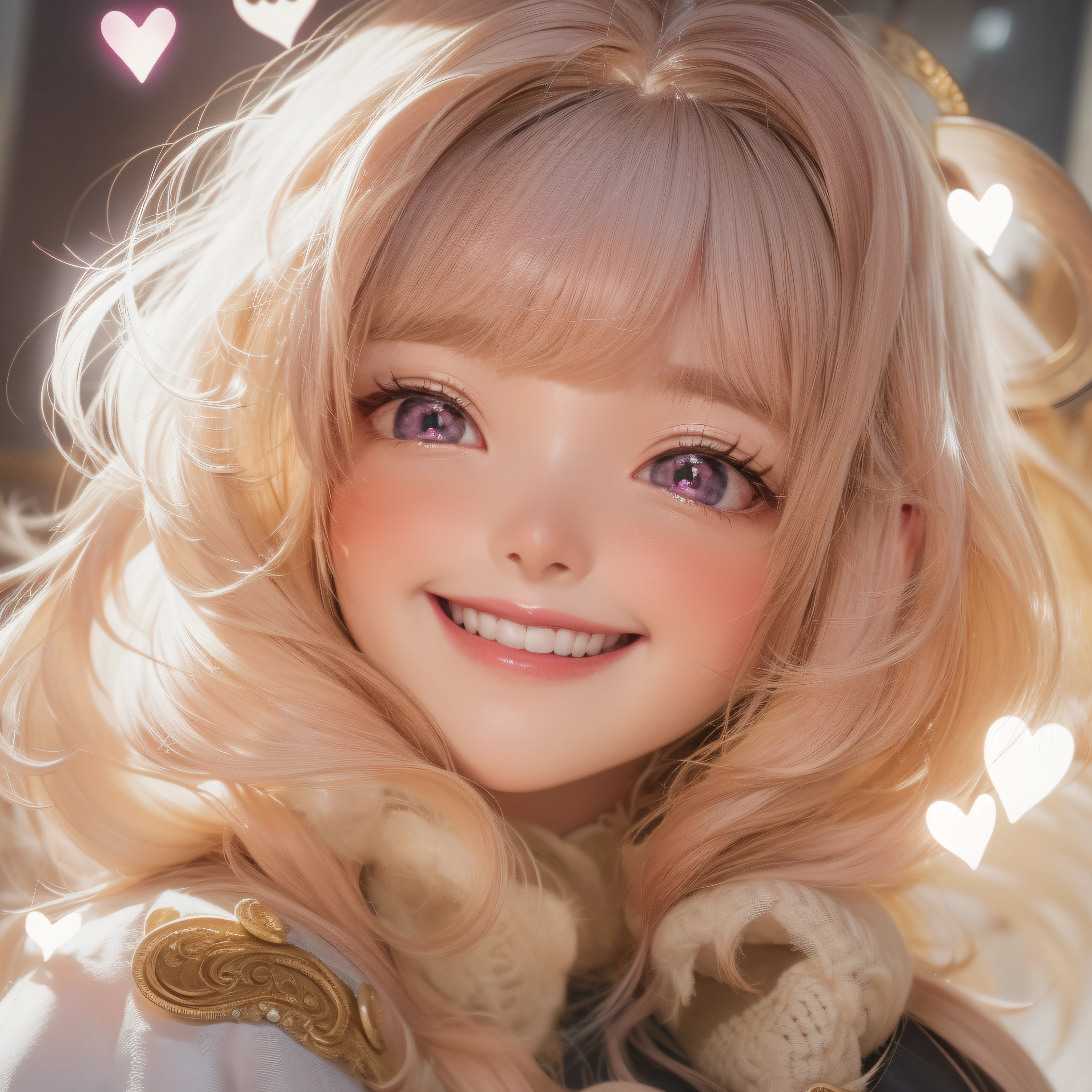 close-up of the smile face、close-up of the smile face、Designer、(realisitic、hight resolution)、(1 girl in)、Do-Up Eye、Korean Girl、(Best Quality), (masutepiece), (1girl in), Solo, a beauty girl, Perfect face, dreamlikeart、Highly detailed airbrush art((Surreal))、Volumetric lighting、(top-quality)、The ultra-detailliert、Highly detailed colorful details、(Bright lighting)、dynamic compositions、Ray traching、The mirror reflects light、Shallow depth of field、ultra-detailliert、mixing exposure、nffsw、Her eyes are pink and glow heart-shaped、The eyes are pink-heart-shaped。pink hearts in the background、pink hearts in the background、pink hearts in the background、