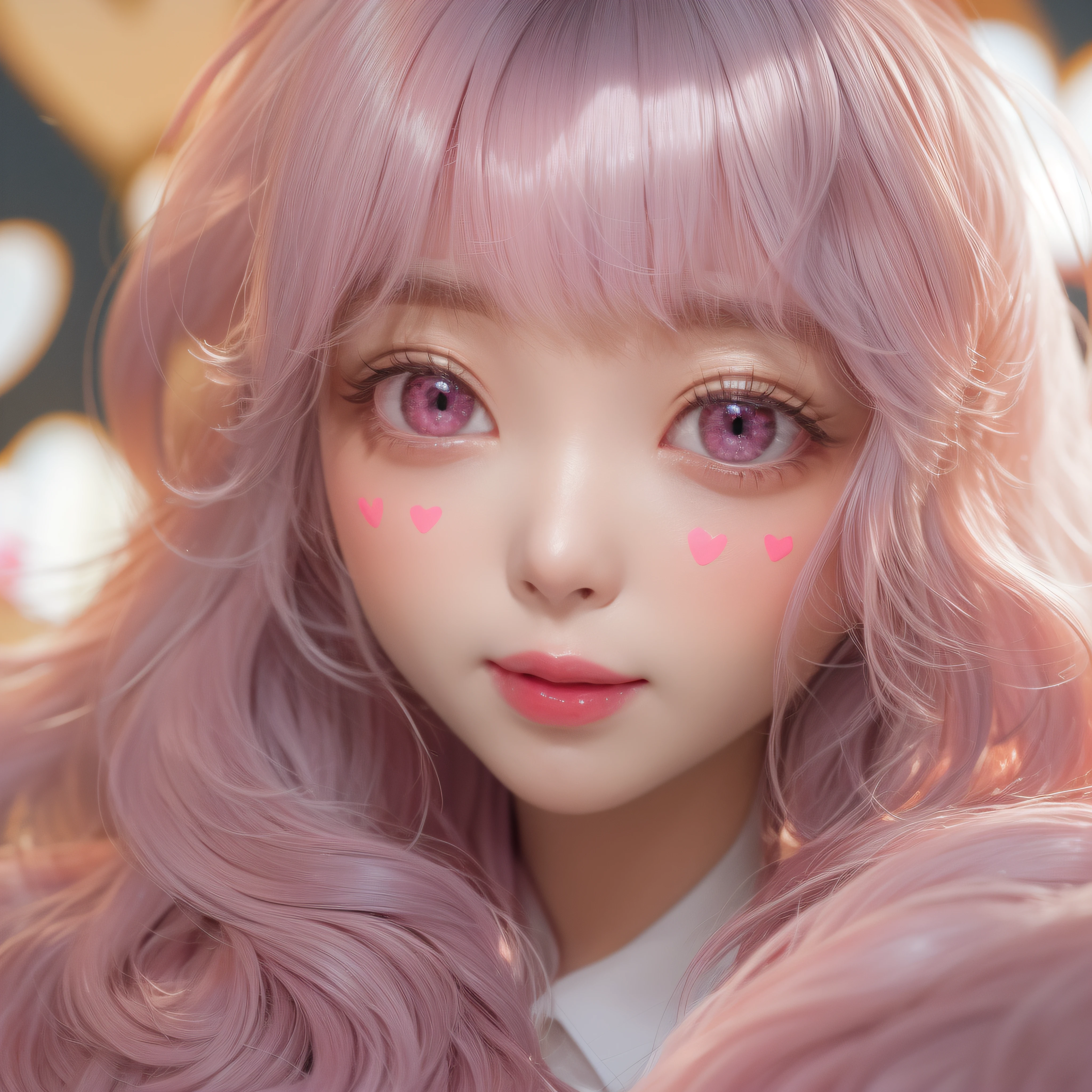 close-up of the smile face、close-up of the smile face、Designer、(realisitic、hight resolution)、(1 girl in)、Do-Up Eye、Korean Girl、(Best Quality), (masutepiece), (1girl in), Solo, a beauty girl, Perfect face, dreamlikeart、Highly detailed airbrush art((Surreal))、Volumetric lighting、(top-quality)、The ultra-detailliert、Highly detailed colorful details、(Bright lighting)、dynamic compositions、Ray traching、The mirror reflects light、Shallow depth of field、ultra-detailliert、mixing exposure、nffsw、Her eyes are pink and glow heart-shaped、The eyes are pink-heart-shaped。pink hearts in the background、pink hearts in the background、pink hearts in the background、