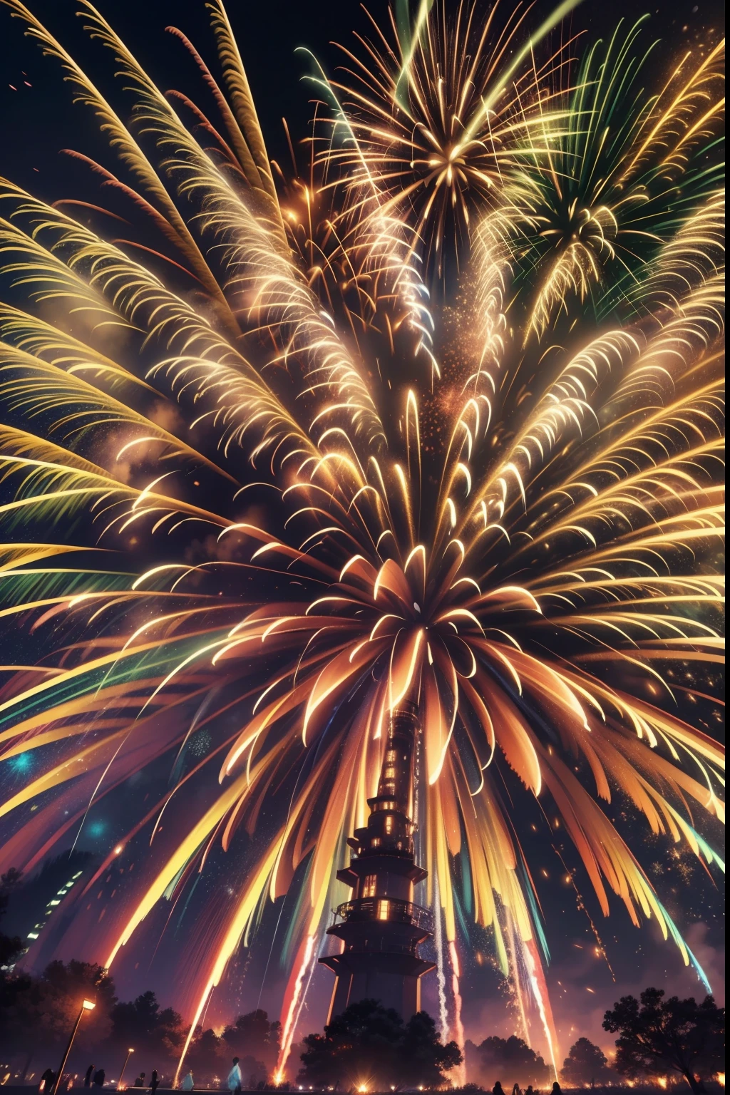 clew：Enjoy a spectacular fireworks display，In this visual feast，Huge fireworks bloom with brilliant and colorful light，Illuminated the entire night sky。The distant crackling was accompanied by cheers，Beautiful splash of fireworks in the dark，Create breathtaking sights。

camera settings：To capture these colorful fireworks，I will use a Nikon D850 SLR camera，Comes with a wide-angle lens，NIKKOR 14-24mm f/2.8G ED。Such a combination will allow me to capture the grandeur of the entire fireworks show，And with excellent clarity and detail。

Lighting and composition：In the darkness of the night，Fireworks themselves are a source of light。I will use the long exposure technique to capture the moment the fireworks bloom，And create dazzling light trajectories in the picture。A tripod and remote control are used，Ensure the stability of the camera，Remove any shaking or blurring。I also make use of other elements in the scene，Such as buildings、People or natural landscapes，Provide richer background and layering for fireworks。

Style and presentation：I will show the magnificence and detail of the fireworks by choosing the appropriate composition。Probably a long-range photo，Capture the grandeur of the entire fireworks display；It can also be a close-up photo，Emphasize the delicate textures and stunning colors of the fireworks。I pay close attention to every moment of fireworks eruption，Capture subtle changes and momentary beauty。

camera settings：To create a long exposure effect，I will set the camera's aperture to f/8 or f/11 for enough depth of field。The shutter speed will be set to a slower 2 seconds or longer，to capture the moment of each firework explosion。ISO will remain low，Such as ISO 100 or ISO 200，to maintain the clarity and detail of the image。

artistic vision：Post-processing will focus on enhancing the fireworks' vibrant colors and light trajectories。I will fine-tune the image，to enhance color saturation and contrast，to show the brilliance of fireworks。Additionally，I will make l