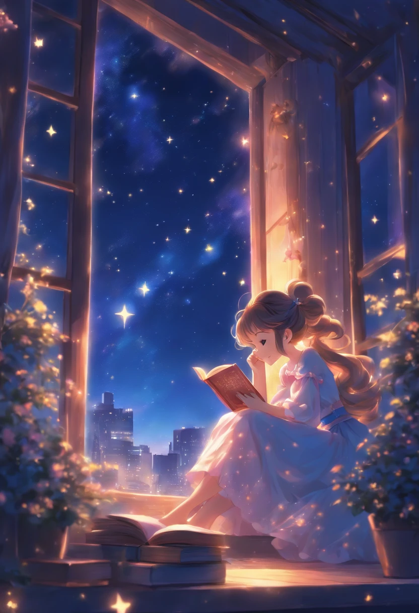 Cute princess、night sky full of stars、Reading a book on the windowsill