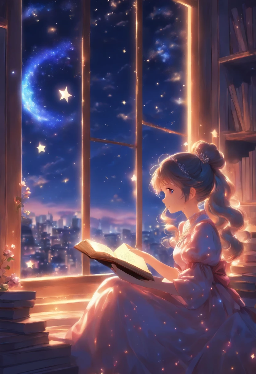 Cute princess、night sky full of stars、Reading a book on the windowsill