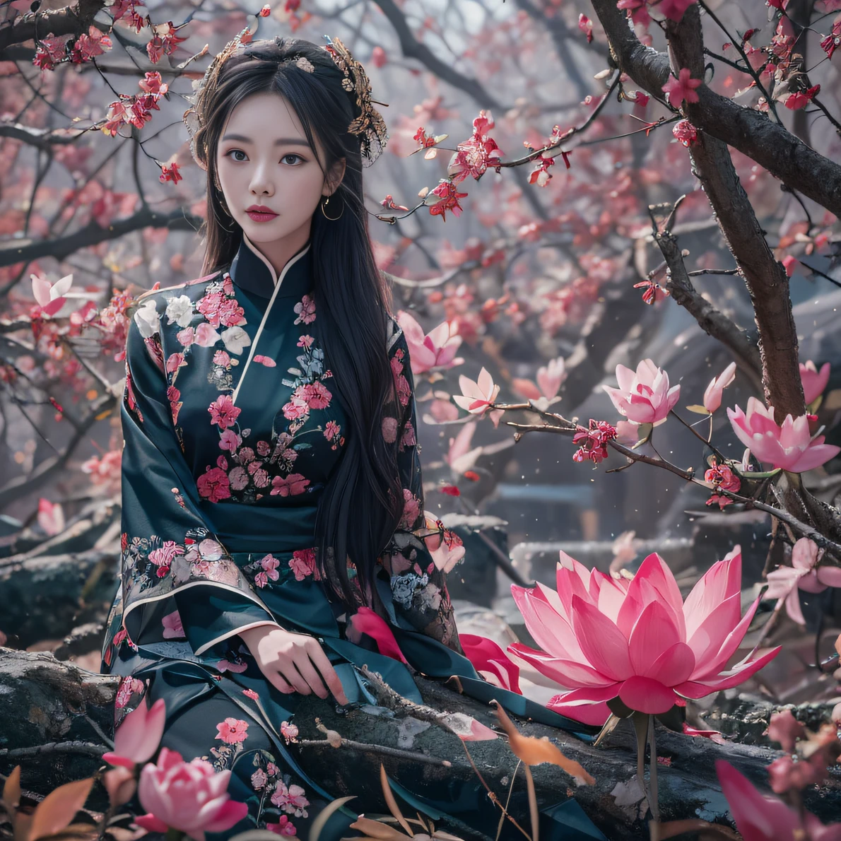 32K（tmasterpiece，k hd，hyper HD，32K）Long flowing black hair，ponds，zydink， a color， Tongzhou people （Spirit Girl）， （Red silk scarf）， Combat posture， looking at the ground， long whitr hair， Floating hair， Carp pattern headdress， Chinese long-sleeved clothing， （Abstract ink splash：1.2）， Pink petal background，Pink and white lotus flowers fly（realisticlying：1.4），Black color hair，Fallen leaves flutter，The background is pure， A high resolution， the detail， RAW photogr， Sharp Re， Nikon D850 Film Stock Photo by Jefferies Lee 4 Kodak Portra 400 Camera F1.6 shots, Rich colors, ultra-realistic vivid textures, Dramatic lighting, Unreal Engine Art Station Trend, cinestir 800，Long flowing black hair，Denim skirt