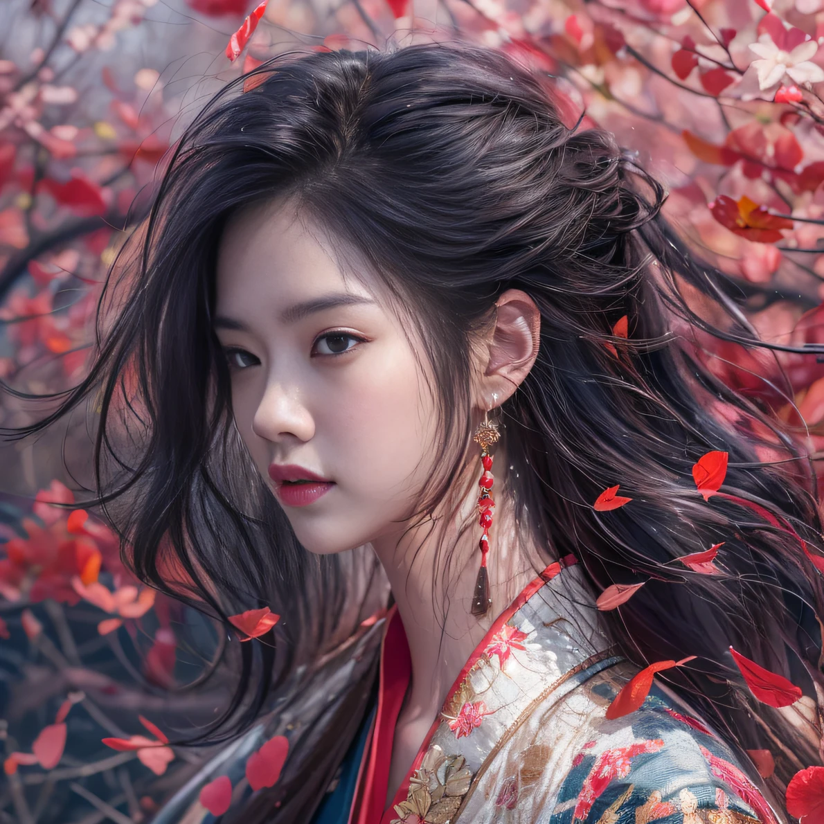 32K(tmasterpiece,k hd,hyper HD,32K)Long flowing black hair,ponds,zydink, a color, Tongzhou people (Spirit Girl), (Red silk scarf), Combat posture, looking at the ground, long whitr hair, Floating hair, Carp pattern headdress, Chinese long-sleeved clothing, (Abstract ink splash:1.2), Pink petal background,Pink and white lotus flowers fly(realisticlying:1.4),Black color hair,Fallen leaves flutter,The background is pure, A high resolution, the detail, RAW photogr, Sharp Re, Nikon D850 Film Stock Photo by Jefferies Lee 4 Kodak Portra 400 Camera F1.6 shots, Rich colors, ultra-realistic vivid textures, Dramatic lighting, Unreal Engine Art Station Trend, cinestir 800,Long flowing black hair,Denim skirt