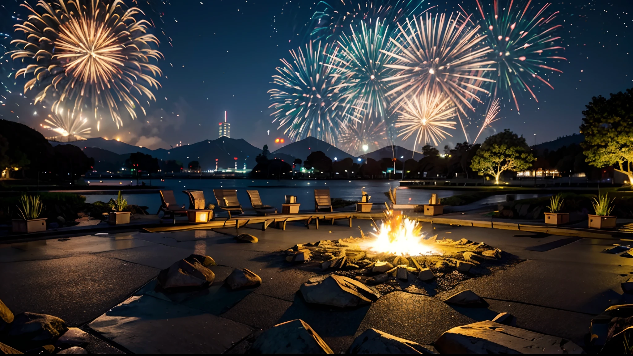 escenario de fuegos artificiales, estructuras japonesas, fuegos artificiales de distintos colores