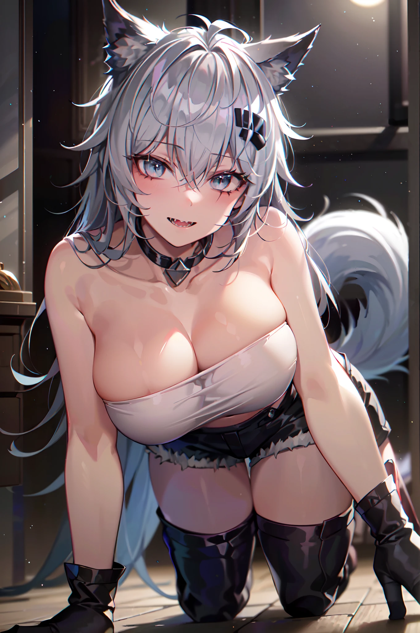 ((Best quality, Super high resolution, Masterpiece:1.3)), 1girl, head, (Long white hair, Animal ears, Grey eyes), Breasts, Cleavage, (White tube top, Black shorts:1.2), Wolf tail, Beautiful eyes, Grin, Sharp teeth, Night time, Moonlight, All fours, Floor, Indoor, (Highly detailed skin, Detailed face, Detailed eyes)