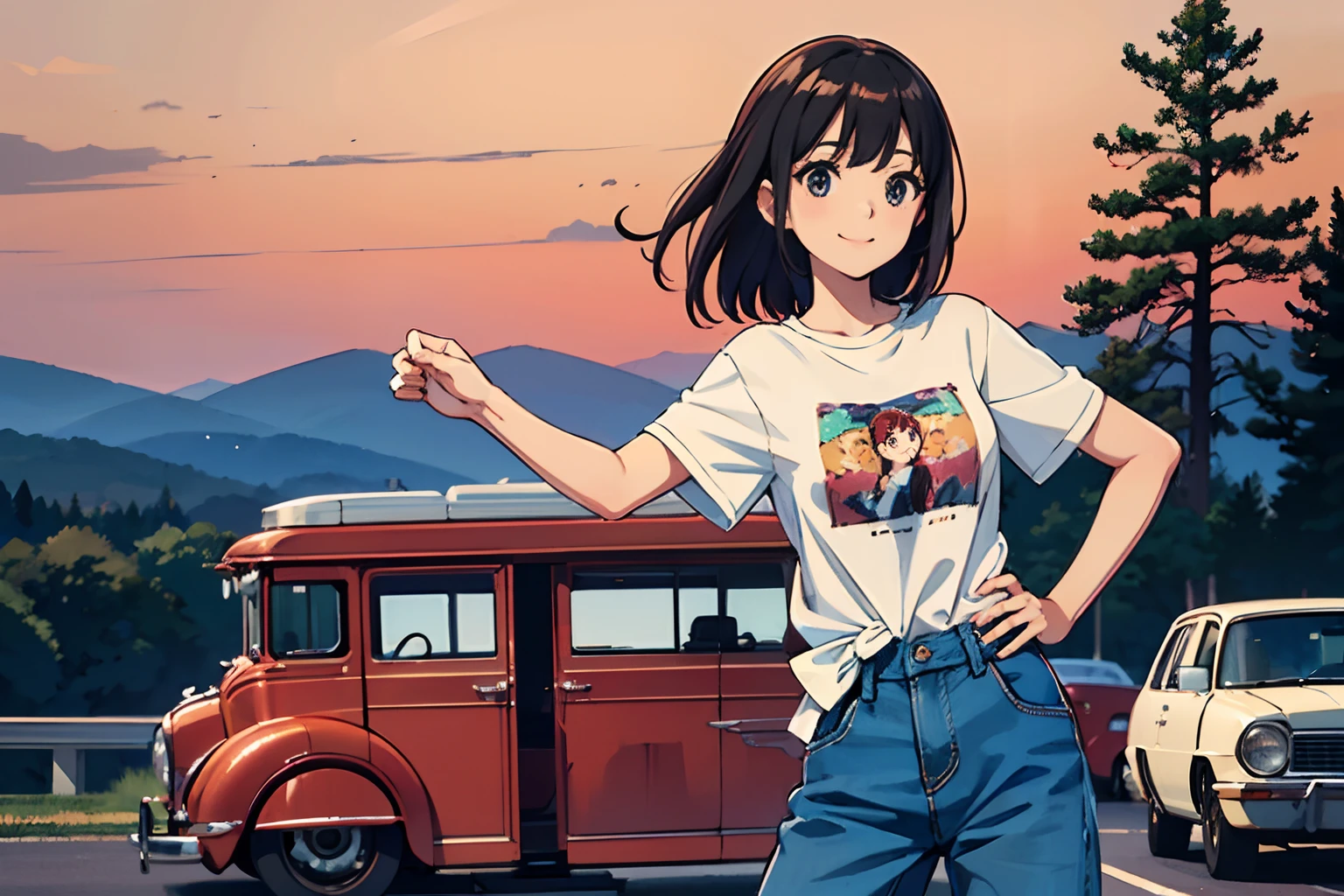Best quality、超A high resolution、full bodyesbian、Tie-up hair all back girls、Wear a boyfriend-style t-shirt,Stand in front of a red antique car,88 highway background, Cute happy smile