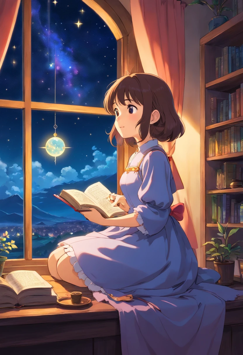 Cute princess、night sky full of stars、Reading a book on the windowsill