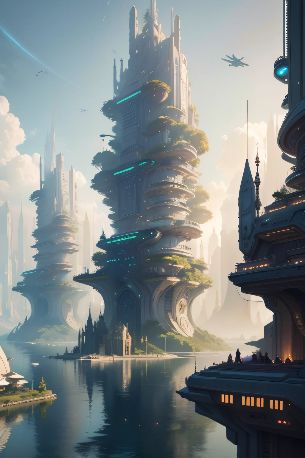 Cidade futuristica,With huge buildings and boats in the water, concept art inspired by Stephan Martinière, cgsociety contest winner, Fantasy art, solarpunk futuristic utopia, stuning fantasy 3 d render, fantasy architecture, futuristic palace, Sunpunk architecture, solarpunk city, in fantasy sci - fi city, solarpunk utopia, solarpunk village
