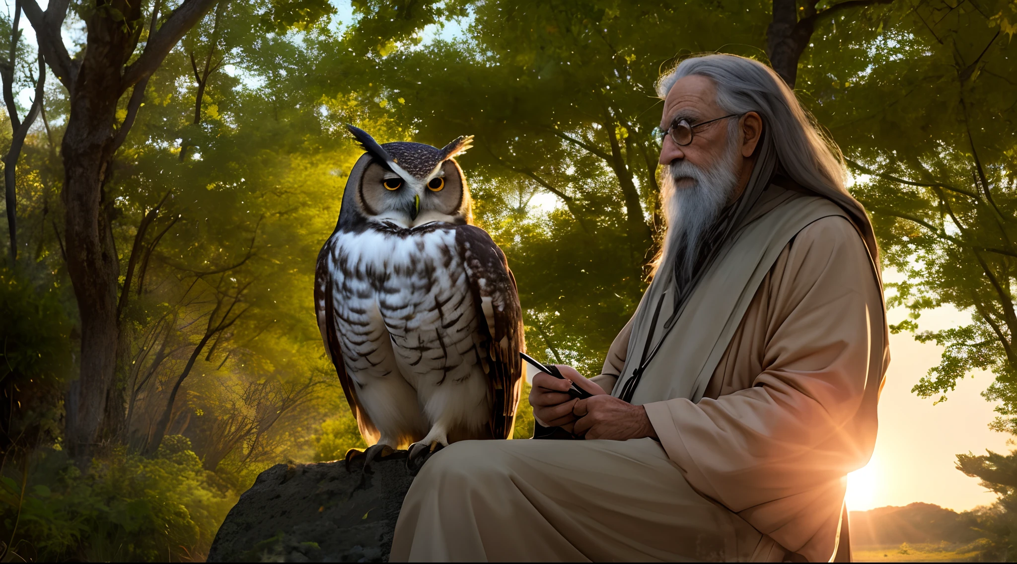 Claro, Here is the text with the redundant sentences removed in Portuguese:

"A wise old man with long hair and gray beards, An intellectual philosopher with perfect hands, sentado no topo de uma majestosa montanha. at sunset, uma foto ultra-realista com detalhes faciais perfeitos. Seu semblante sereno irradia profunda serenidade, testimony of decades of deep reflection on the mysteries of the universe. Textura de pele, Perfect shadows and lighting, uma foto premiada.

Ao seu lado, A magnificent owl with resplendent feathers keeps a watchful eye, as if she were the keeper of secrets. Abaixo, a densa floresta, a metaphor for the vast expanse of knowledge he has accumulated over the years, murmura seus segredos apenas para ele, recognizing him as the supreme guardian of the channel of wisdom."