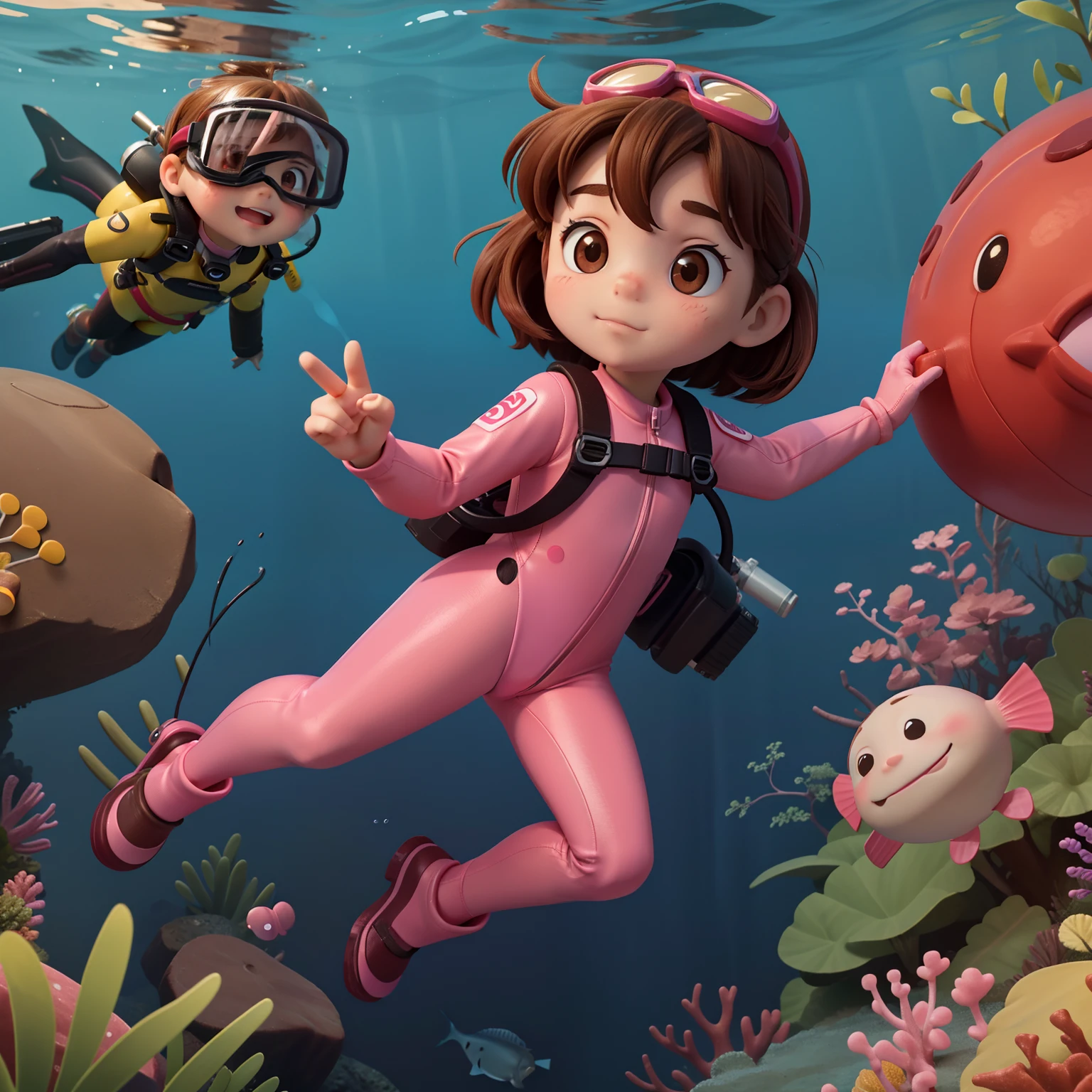 Cartoon characters in pink diving suits and scuba gear in a coral reef ...