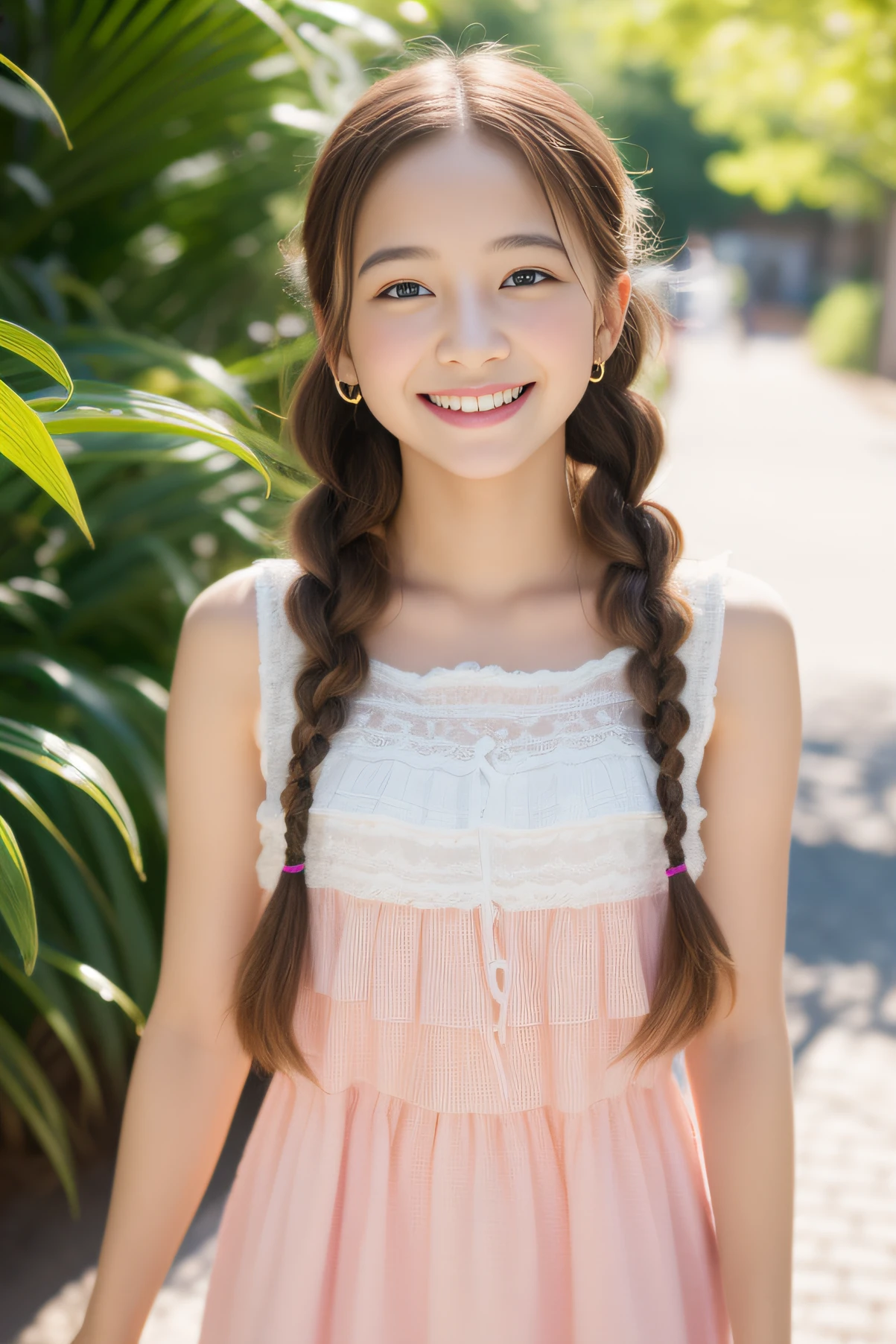 Teen Girls、Braided hair、Pretend dress、a smile、cute little、((top-quality、8K、​masterpiece：1.3))、foco nítido：1.2、An ultra-high picture quality、top-quality、​masterpiece、natural soft light、The upper part of the body