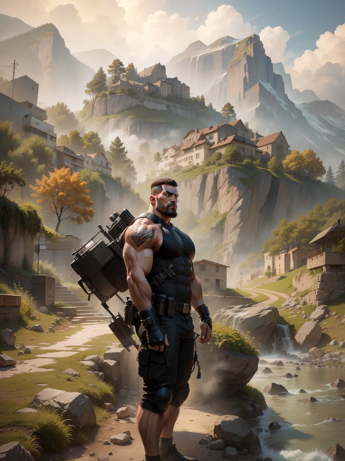 Best quality, masterpiece, super high resolution, detailed background, realistic, illustration, single, muscle man, swat, street, muscular, volumetric lighting, depth of field,black clothes