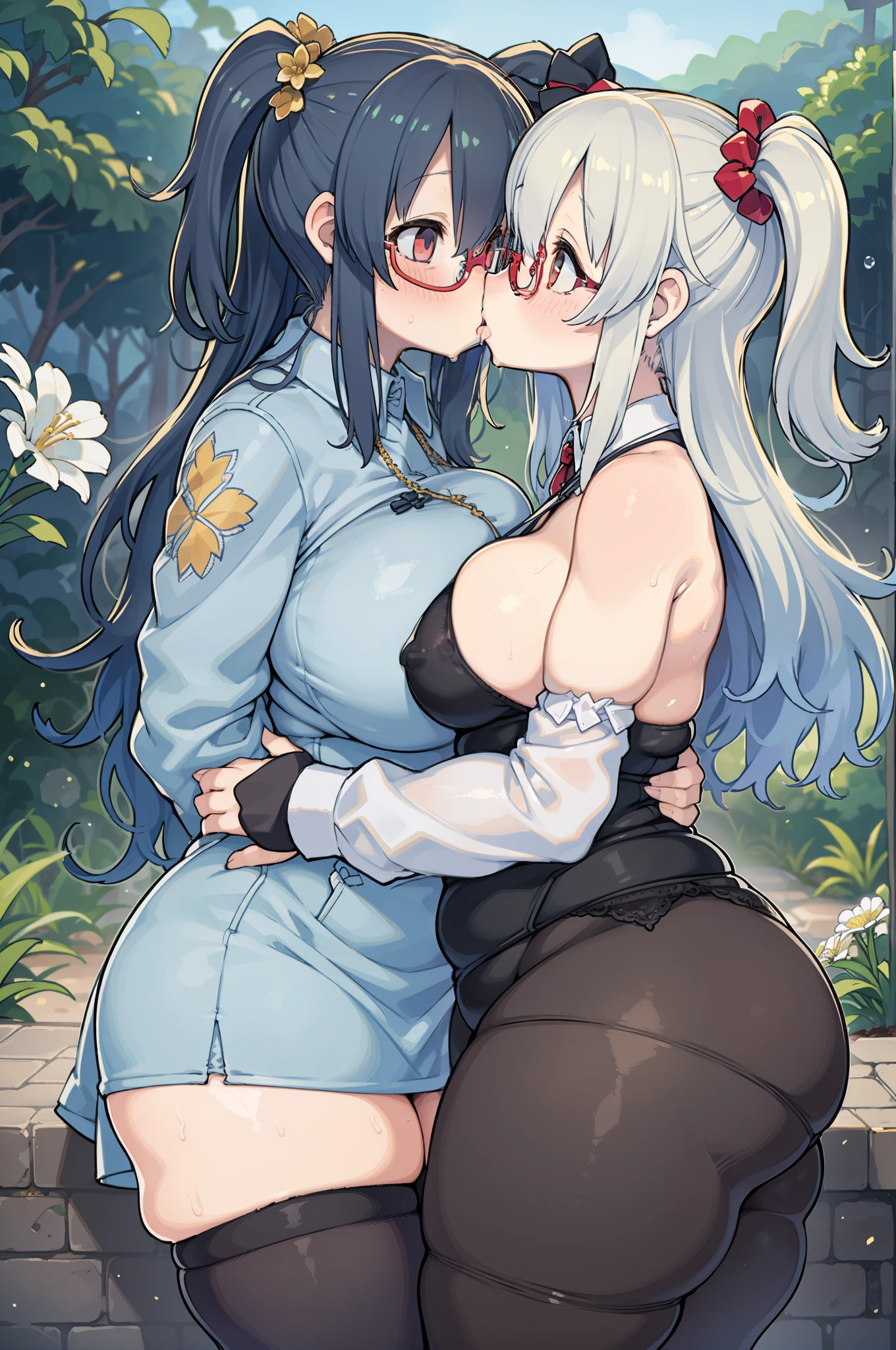 Two-dimensional girl enjoying flowers、huge-breasted、big round glasses、bbw,Large Thigh、Two girls、embracing each other、Deep kissing、the kiss、lesbian、red blush