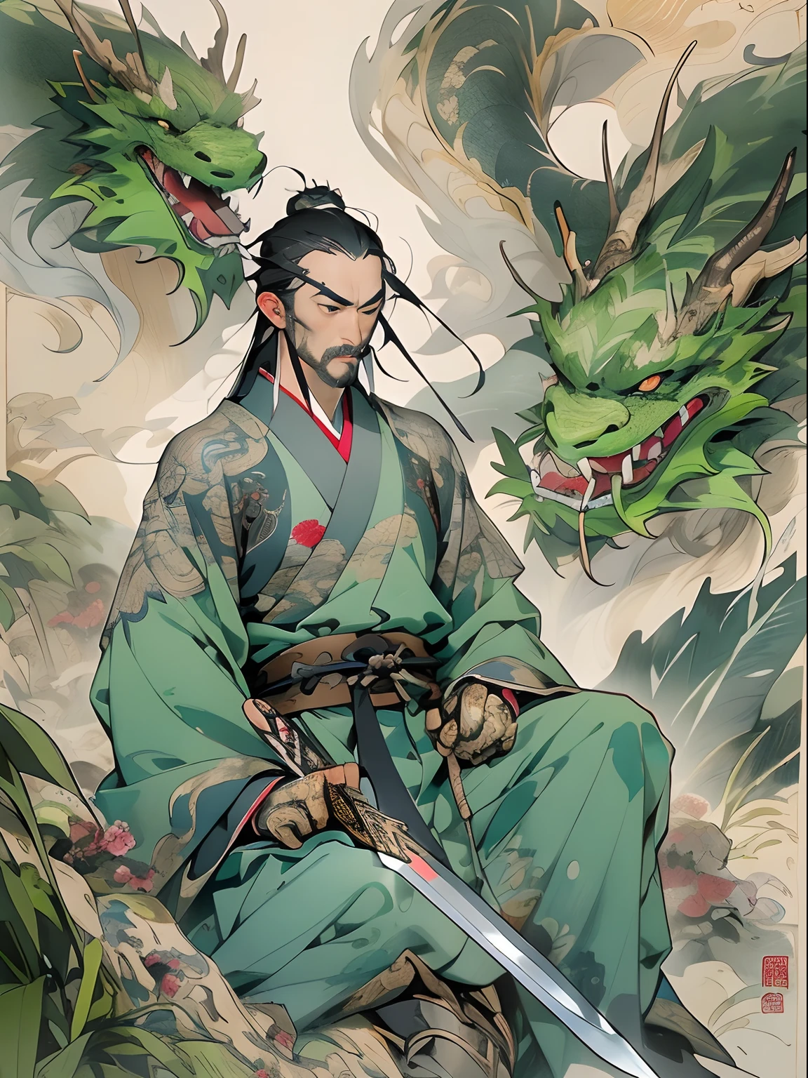 (((China-style，Ink painting method，Half-length portrait，Intense color，Han dynasty, China，Hanfu，Armor，Guan yu，Guan Yunchang，of a guy，Hold the Blue Dragon Moon Knife in his right hand，Stroke your beard with your left hand，Long hair，petty eyes，Green robe))), (((best qualityer))), (((tmasterpiece))), (((AS-Adult))), ((( Japanese ))), Look up from your knees, Handsome Asian samurai，perfect body figure, Modern samurai, ((( Asian))), Wear gloves on your hands，The left arm is made of steel and metal tips，Made of protective devices, The eyes are pulled, (( Appears below the chest )), (( Small dental floss )), Simon Bisley, Almost naked（Simon Bisley）Castle City Wilderness，For high-resolution posters, hair straight, Minimum clothing, armure (Crazy clothes ), Full of tips and rivets, tribal tattoos, (((full bodyesbian))), Straight brunette hair，Colored hair ends