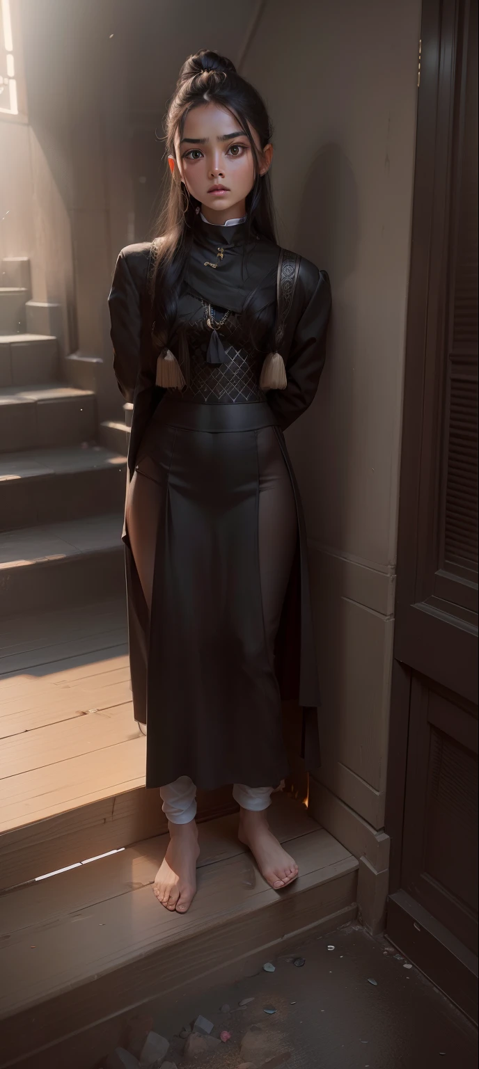Wearing black suit and salvar India dress and long hair, black hair, look like little girl face, 8k resolutions, realistic face, change background forest