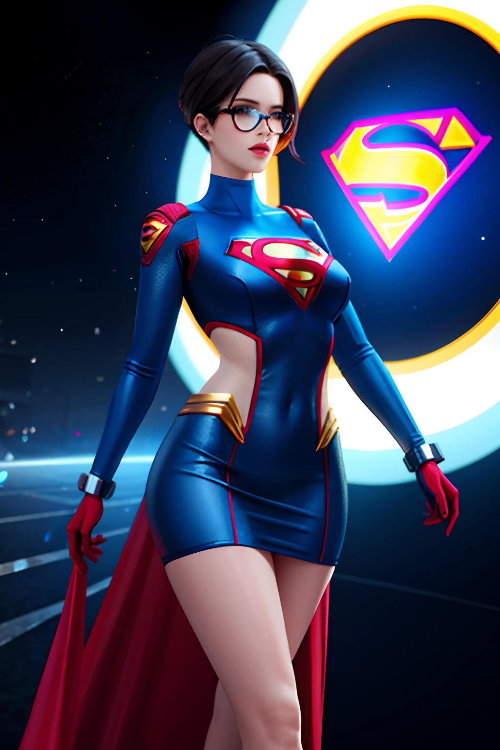 there's a woman in a short dress walking on a runway, digital art by Nelson Alexander Ross, winner of the Artstation contest, neo-dada, neosurrealism. digital art, neosurrealism, neo surrealism, cover art, giant art, dreamy cyberpunk girl, promotional art, using superman S symbol, tracer in a tight dress, near a galaxy, skydoll noa, superman s