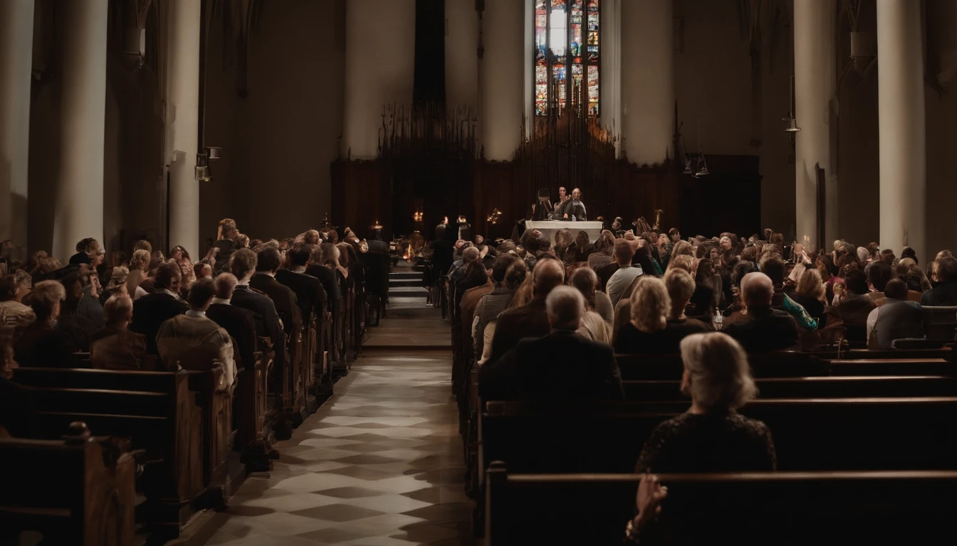 cinematic film still people raising their hands in worship during a service. . shallow depth of field, vignette, highly detailed, high budget Hollywood movie, bokeh, cinemascope, moody, epic, gorgeous, film grain, grainy