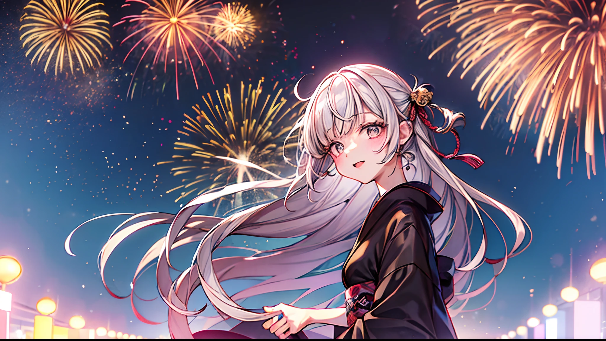 Describe la escena en la que una joven mujer de belleza deslumbrante, wearing an elegant traditional Japanese kimono, Stand in front of a nightscape illuminated by an impressive fireworks display. la chica, with his dark hair as night and a shocked expression on his face, You're looking up at the sky full of colors and bright flashes as fireworks erupt in the background....., creating a spectacle of light and shadow that enhances its natural beauty. Detalla la forma en que el kimono envuelve su figura, los colores y patrones que lo adornan, and how its presence blends harmoniously with the majesty of the starry night and the fireworks that light up the sky