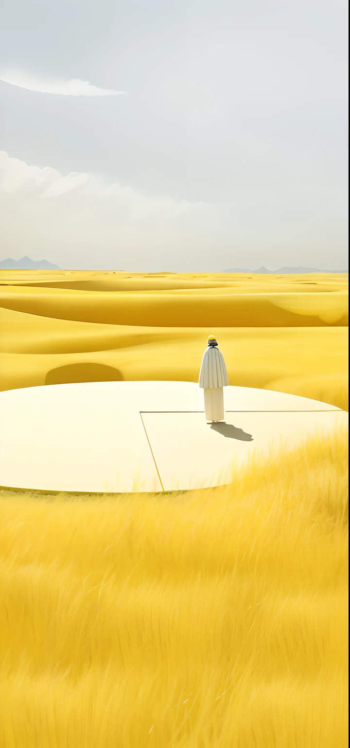 There was a man standing on the yellow grass, clemens ascher, otherworldly visuals, inspired by Scarlett Hooft Graafland, Beeple e Jean Giraud, surreal 3 d render, futuristic in the desert, Surrealism 8k, Highly conceptual art, hyperrealistic aesthetic, hyperrealistic compositions, surreal concept art, collage style joseba elorza
