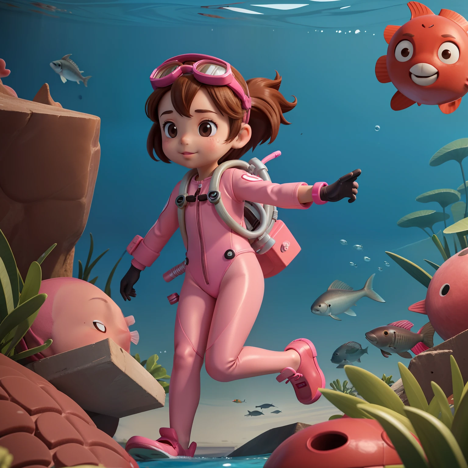 "Frontal image of a 5-year-old girl searching for fishes in the deep sea, with brown hair, brown eyes, rosy cheeks, diving goggles, pink diving suit, diving gloves, diving shoes, in a 2D illustration style of a children's book."