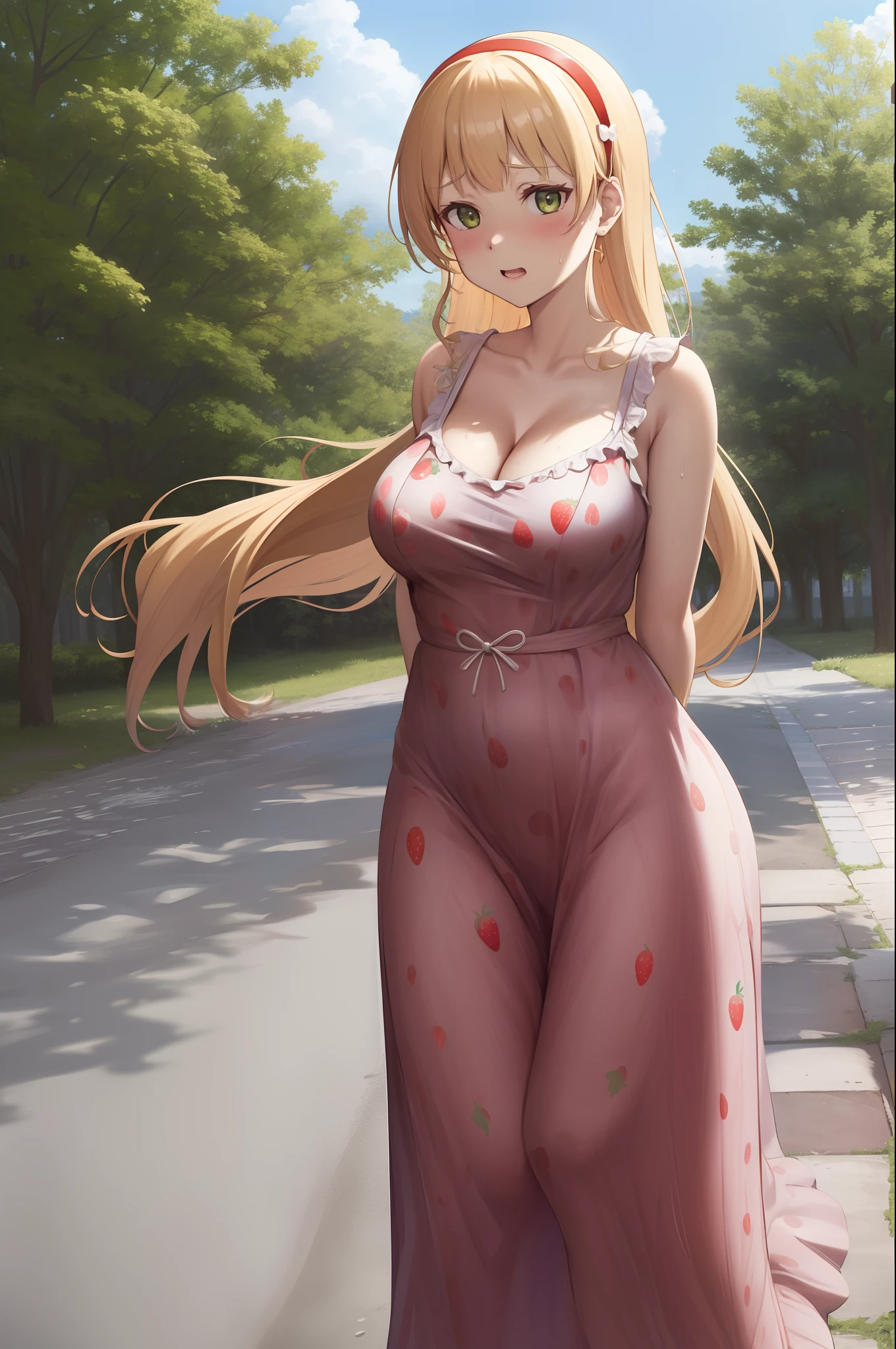 masterpiece, best quality, highres, sumire1, hairband, long hair, dress ,clothing ,strawberry dress, outdoors, looking at viewer, sweating, sexy, sexy pose, sexual arousal,(lips:0.6), standing, embarrassed,red face, arms behind back,big breasts,thicc body, cleavage,parted breasts,skin tight