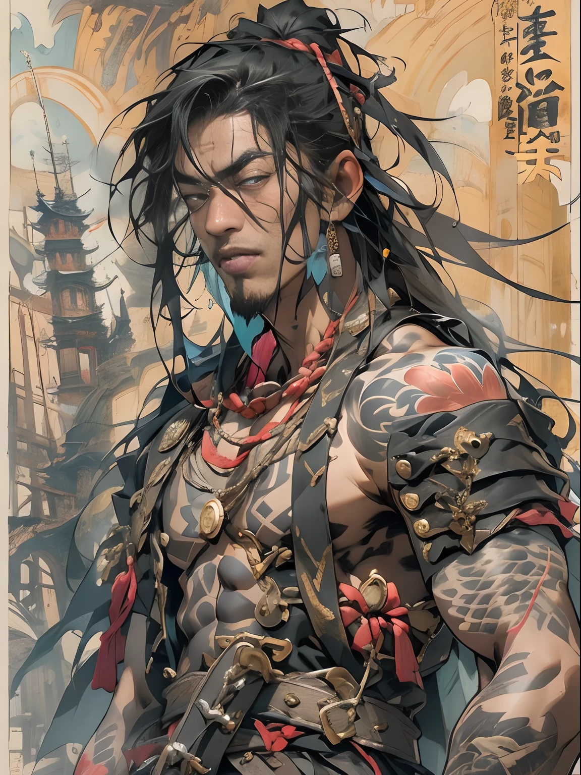 (((mtu))), (((best qualityer))), (((tmasterpiece))), (((AS-Adult))), ((( Japanese ))), Look up from your knees, Handsome Asian samurai,perfect body figure, Modern samurai, ((( Asian))), Wear gloves on your hands,The left arm is made of steel and metal tips,Made of protective devices, The eyes are pulled, (( Appears below the chest )), (( Small dental floss )), Simon Bisley, Almost naked(Simon Bisley)Castle City Wilderness,For high-resolution posters, hair straight, Minimum clothing, armure (Crazy clothes ), Full of tips and rivets, tribal tattoos, (((full bodyesbian))), Straight brunette hair,Colored hair ends