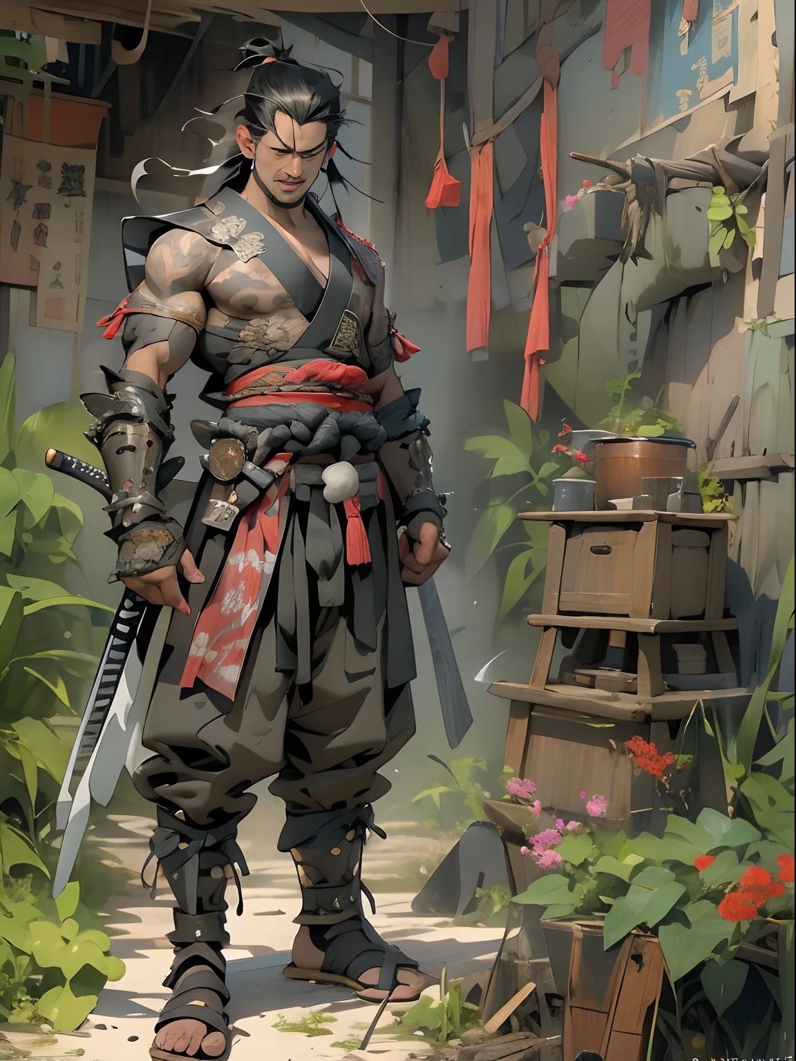(((mtu))), (((best qualityer))), (((tmasterpiece))), (((AS-Adult))), ((( Japanese ))), Look up from your knees, Handsome Asian samurai，perfect body figure, Modern samurai, ((( Asian))), Wear gloves on your hands，The left arm is made of steel and metal tips，Made of protective devices, The eyes are pulled, (( Appears below the chest )), (( Small dental floss )), Simon Bisley, Almost naked（Simon Bisley）Castle City Wilderness，For high-resolution posters, hair straight, Minimum clothing, armure (Crazy clothes ), Full of tips and rivets, tribal tattoos, (((full bodyesbian))), Straight brunette hair，Colored hair ends