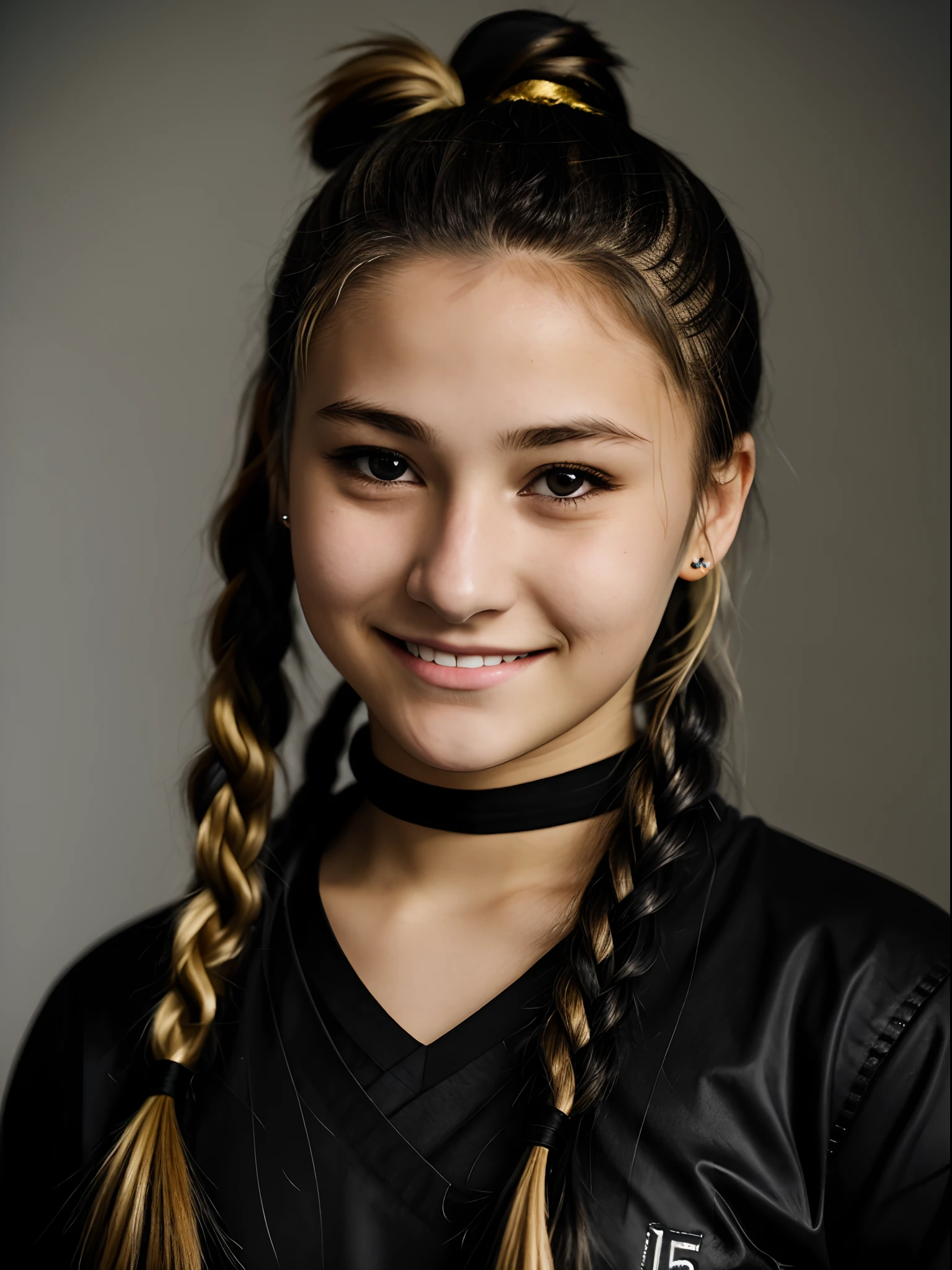 A 15-year-old girl with blonde hair tied in a ponytail and there is a black dye in her eyes yellow and she has a mole under her eye wearing a black delinquent gang costume with red inscriptions on it she has a cunning smile