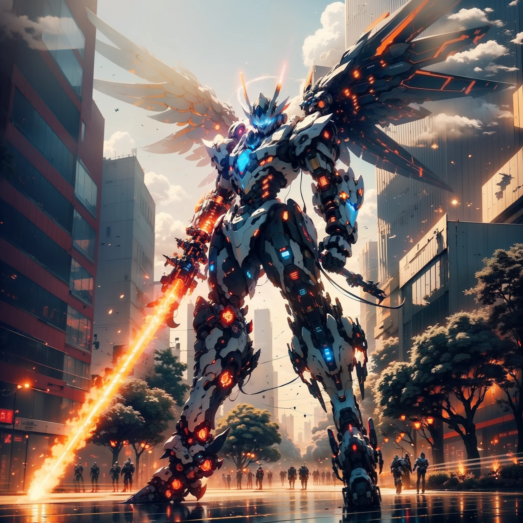 Skysky，​​clouds，（holdingweapon），with light glowing，，buliding，glowing light eyes，mechs，scientific fiction，city on fire，Realistis，mechs，Mechanical wings，（robot wings），Dragon-shaped robot，glowing weapon，lightsabers，War City，1boy，
