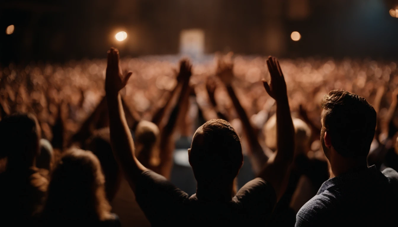 Cinematic film still people raising their hands in worship during a service. . profundidade de campo rasa, vinheta, altamente detalhado, high-budget Hollywood film, Bokeh, Cinemascope, Moody, epics, gorgeous, filmic grain, Granulado