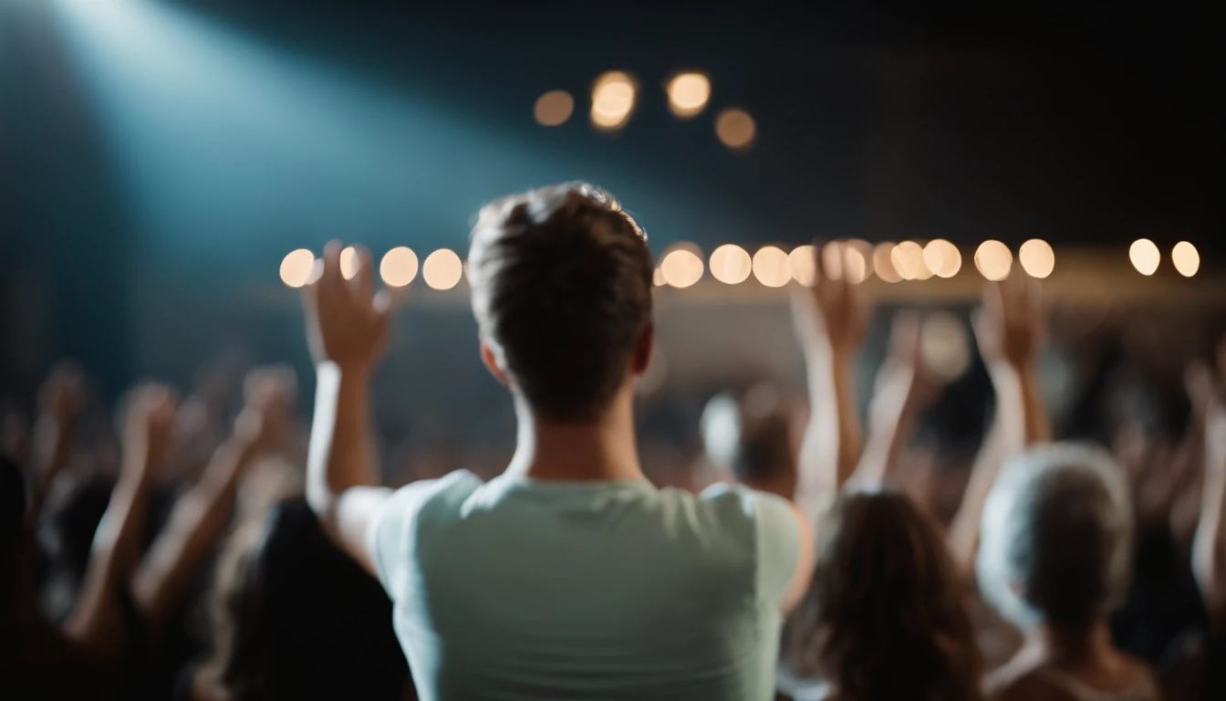 Cinematic film still people raising their hands in worship during a service. . profundidade de campo rasa, vinheta, altamente detalhado, high-budget Hollywood film, Bokeh, Cinemascope, Moody, epics, gorgeous, filmic grain, Granulado