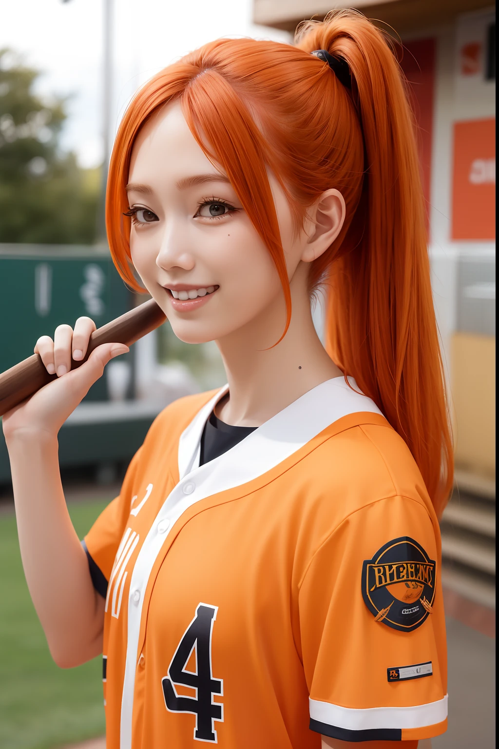 orange color hair、Long hair、Side tail、Baseball Uniforms、bustshot、a smile