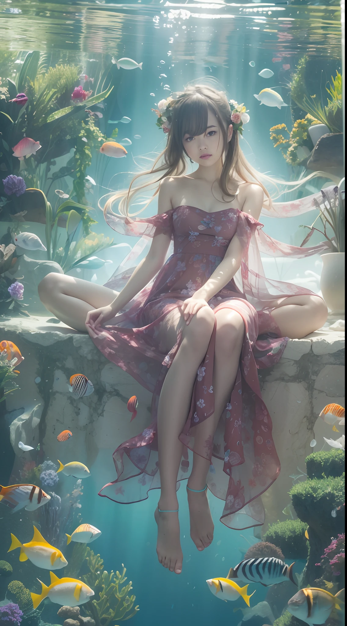 Female pervert，Meditation sitting，Partial underwater photography，BestWorks，Floral pattern sheer dress：1.4，String Camisole Dress：1.5