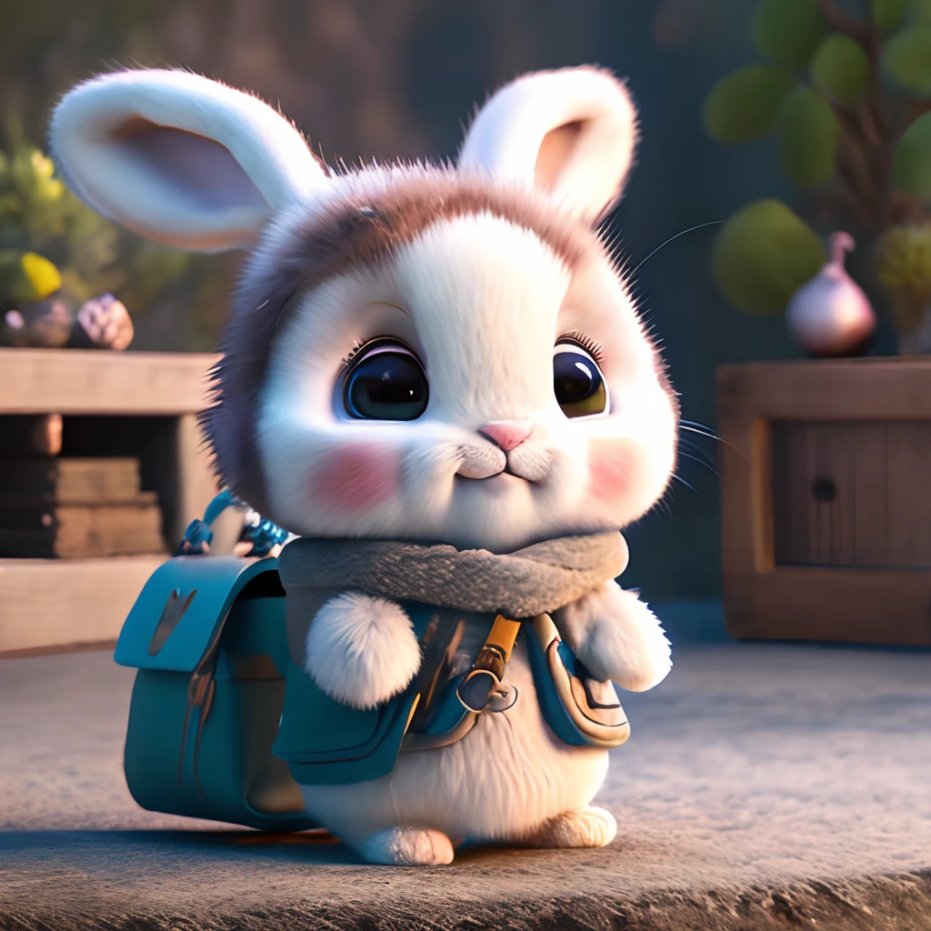 bunny rabbit、Realistic coat、2 head body、Wearing a shoulder pouch、Majestic nature in the background、Pixar Wind、high-level image quality、Explorer