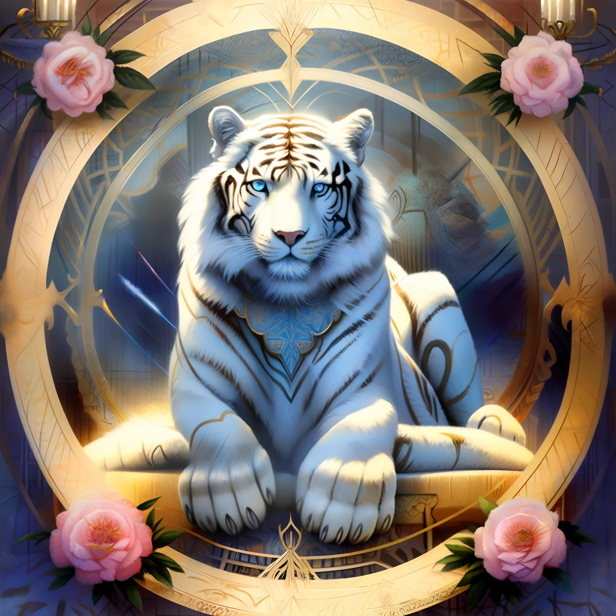 analog_clock, art_nouveau, bandages, chandelier, church, clock, doily, fire, flower, gears, magic_circle, male_focus, no_humans, painting_\(object\), pentagram, realistic, roman_numeral, rose, sitting, solo, sun_symbol, white_flower