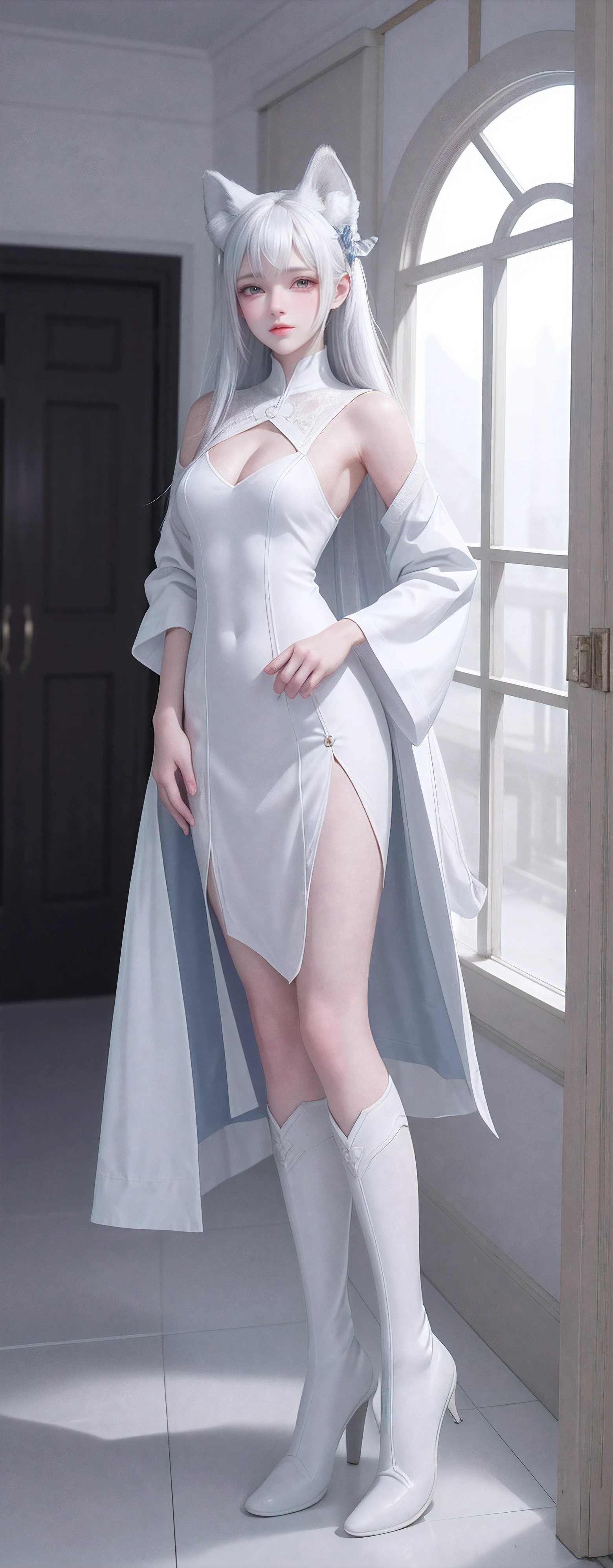 Alafe woman in white dress and blue robe standing on the stairs, wearing white silk robe, white hanfu, flowing white robes, flowing magic robe, long flowing white robe, flowing robe, wearing a long flowing robe, wearing a luxurious silk cloak, white and teal garment, wearing simple robes, pale and coloured kimono, flowing robe, long beautiful flowing kimono