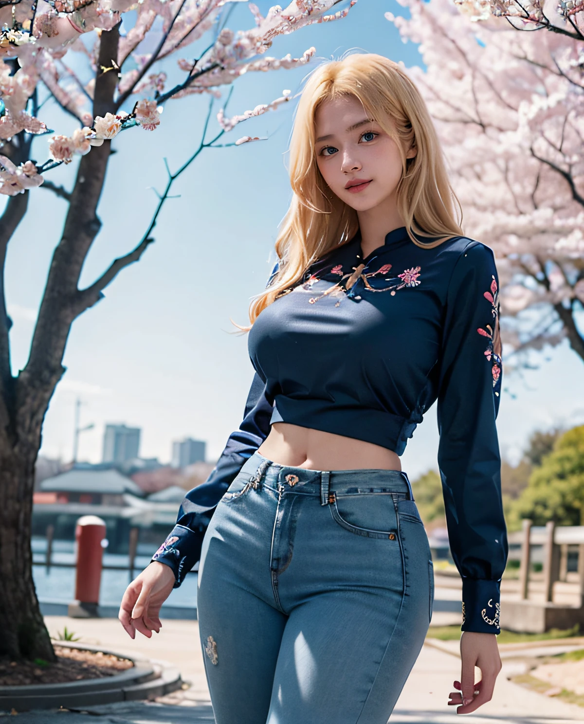 1girl, (Blue Eyes), smiling, (Sana Minatozaki), wide hips, Big Boobs, big ass, (Best Quality, 8k, Masterpiece: 1.3), Clear Focus: 1.2, Perfect Body Beauty: 1.4 , Slender Abs: 1.2, Highly detailed face and skin texture, detailed eyes, double eyelids, (blonde long hair parted on the side :1.2), (blouse with embroidery), (tight jeans), standing, in a Japanese square with sakura trees, deep on field