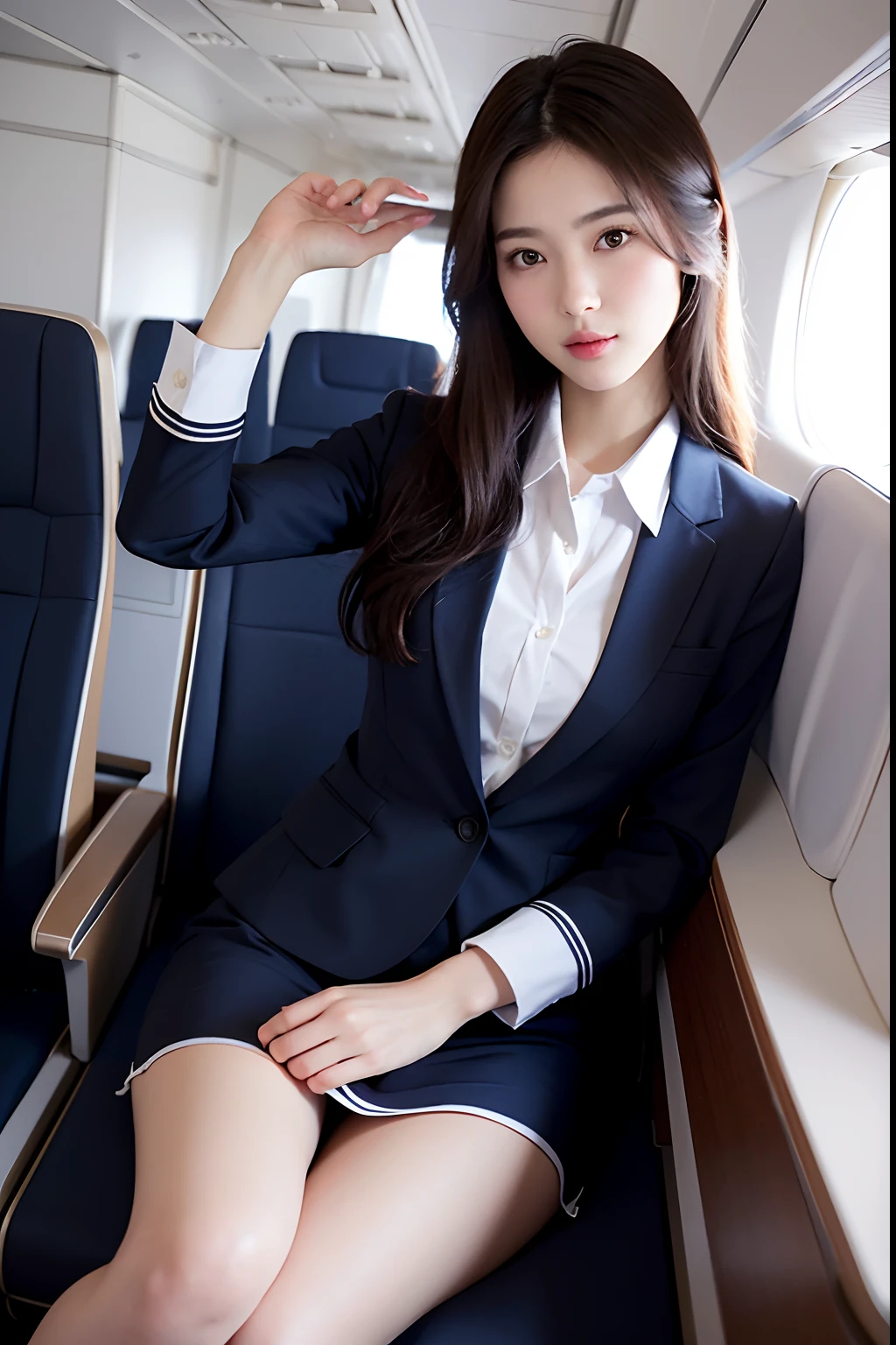 realistic, high resolution, 1 girl, dark brown hair, all elite, sitting on plane reading a book, lazy, white shirt, blazer, professional suit, exposed thighs, skirt, lazy curls, short hair,