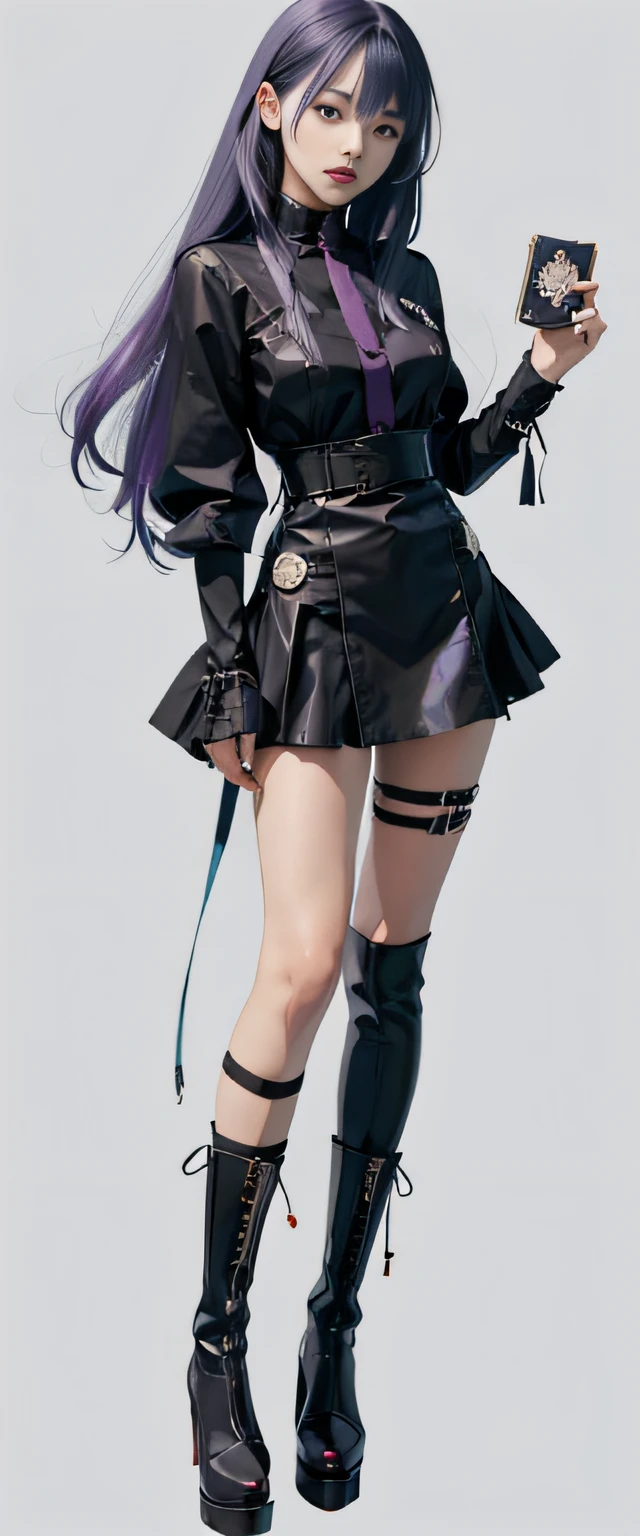 Long blue hair、Anime girl with black boots, !!Full body portrait!!, Full body!, anime woman fullbody art, full body portrait of a short!, anime full body illustration, she has purple hair, portrait of a full body, sona is a slender, 2 d anime style、Anime in retro style、Playing cards in hand