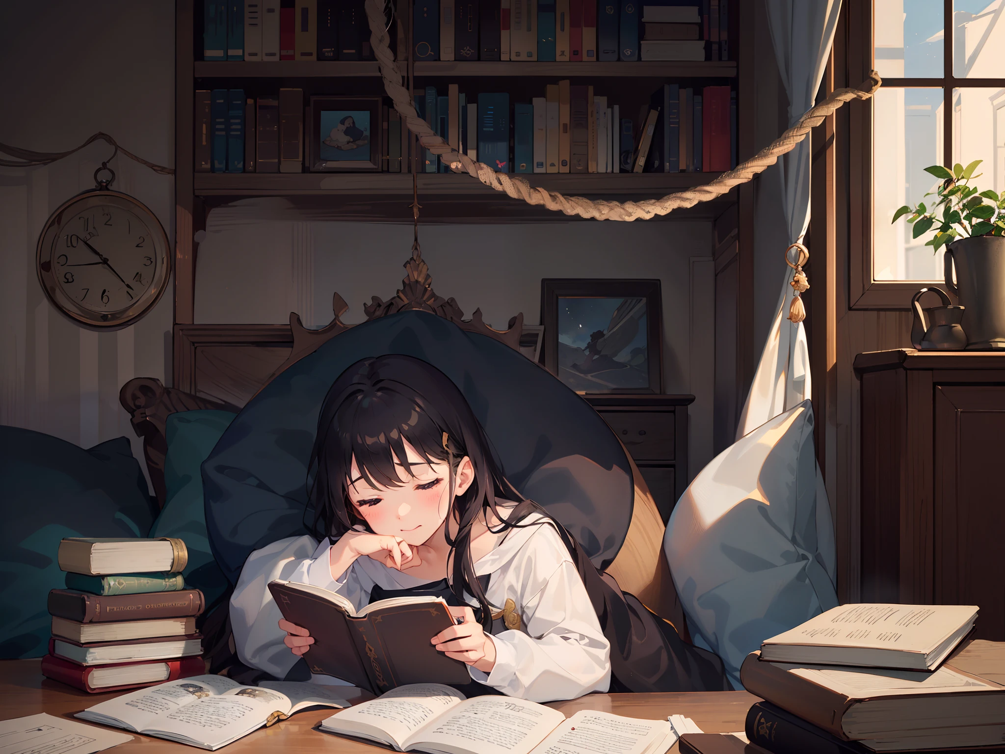 "Create a heartwarming story inspired by this image of a  curled up in bed, immersed in a book. Explore the magic of their imagination and the captivating world within the pages. What book are they reading, and how does it transport them to a different realm or teach them something special? Let your creativity flow as you bring this enchanting moment to life in your writing."