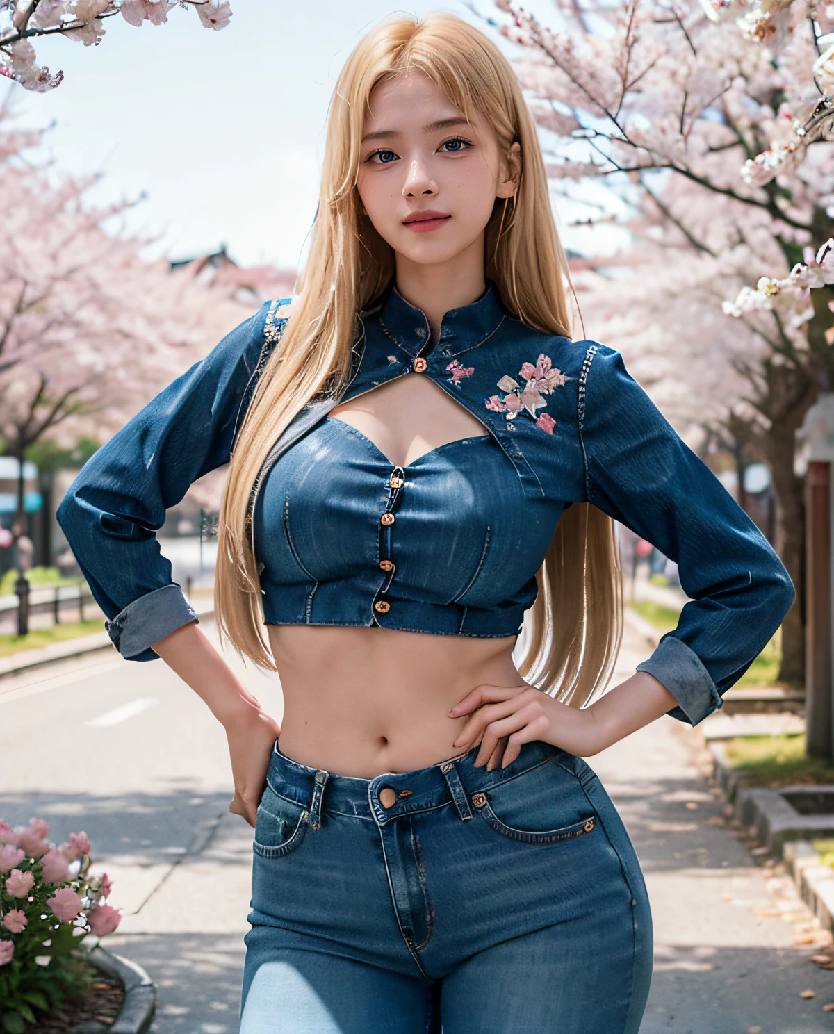 1girl, (Blue Eyes), smiling, (Sana Minatozaki), wide hips, Big Boobs, big ass, (Best Quality, 8k, Masterpiece: 1.3), Clear Focus: 1.2, Perfect Body Beauty: 1.4 , Slender Abs: 1.2, Highly detailed face and skin texture, detailed eyes, double eyelids, (blonde long hair parted on the side :1.2), (blouse with embroidery), (tight jeans), standing, in a Japanese square with sakura trees, deep on field