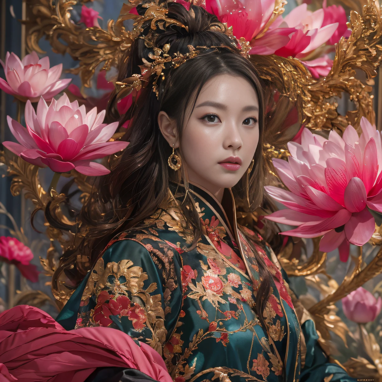32K(tmasterpiece,k hd,hyper HD,32K)Large curls,Flowing rouge,ponds,zydink, a color, Asian people (Silly girl), (Silk scarf), Combat posture, looking at the ground, Large rolls of rouge, Flowing rouge curls,Onyx emerald headdress, Chinese long-sleeved black gold garment, (abstract ink splash:1.2), Pink lotus background,Water lily flower protector(realisticlying:1.4),Rouge hair,Autumn is in full swing,The background is pure, A high resolution, the detail, RAW photogr, Sharp Re, Nikon D850 Film Stock Photo by Jefferies Lee 4 Kodak Portra 400 Camera F1.6 shots, Rich colors, ultra-realistic vivid textures, Dramatic lighting, Unreal Engine Art Station Trend, cinestir 800,Large curls,Flowing rouge