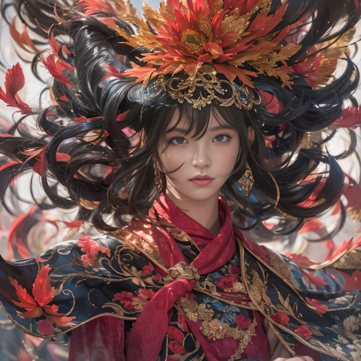 32K（tmasterpiece，k hd，hyper HD，32K）Large curls，Flowing rouge，ponds，zydink， a color，  Asian people （Silly girl）， （Silk scarf）， Combat posture， looking at the ground， Large rolls of rouge， Flowing rouge curls，Onyx emerald headdress， Chinese long-sleeved black gold garment， （abstract ink splash：1.2）， Pink lotus background，Water lily flower protector（realisticlying：1.4），Rouge hair，Autumn is in full swing，The background is pure， A high resolution， the detail， RAW photogr， Sharp Re， Nikon D850 Film Stock Photo by Jefferies Lee 4 Kodak Portra 400 Camera F1.6 shots, Rich colors, ultra-realistic vivid textures, Dramatic lighting, Unreal Engine Art Station Trend, cinestir 800，Large curls，Flowing rouge