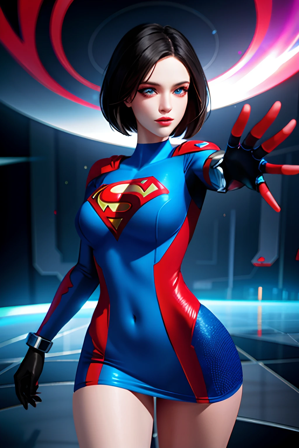 there's a woman in a short dress walking on a runway, digital art by Nelson Alexander Ross, winner of the Artstation contest, neo-dada, neosurrealism. digital art, neosurrealism, neo surrealism, cover art, giant art, dreamy cyberpunk girl, promotional art, using superman S symbol, tracer in a tight dress, near a galaxy, skydoll noa, superman s