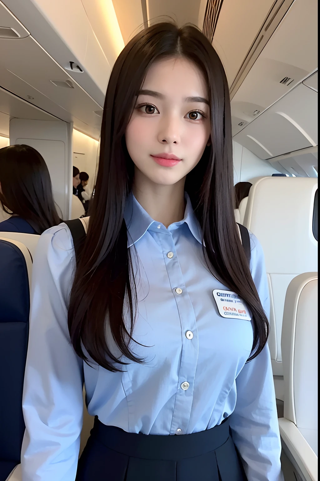 Top Quality, Masterpiece, 8K, Ultra High Definition, (Photorealistic: 1.4), 1 Girl, Beautiful Face, Symmetrical Eyes, Big, Perfect Body Proportions, Stewardess Uniform, Viewer's Look, (Inside the Airplane: 1.2), Front View, Shoulder Jump, Absolute Area (1.3),