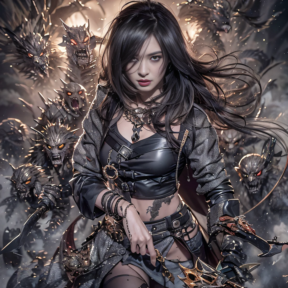 (best qualtiy,32K,Masterpiece)At the time of debut,Only heard, unseen。 That whistle echoed for a long time,It's like a prelude to impending death。 The image of the great evil man penetrates into the hearts of the people in advance,Become everyone's nightmare。 Wait until it appears,Wearing leather,Plus a baseball bat covered with wire,Full of oppression,He also carefully hides the kindness of women, Because goodwill can become a weakness for survival,Hiding goodness is the way to survive in troubled times。 Zombies are not scary,Humans are terrible。 The woman succeeded,Women are all about protecting themselves,It is also to protect women, good vs evil,Two sides of the seemingly opposite,But in Negan, There are two sides to the same body。 Face the enemy,Women are cruel,No mercy。 Face people who want to protect,The woman is also very gentle and loving。(Female soldier head)Tattooed with,Smoke billowed out,thin fog,Moonsnow((An extremely delicate and beautiful woman),((1 rock girl)),((Lightning in female hands)),Lightning surrounds the rock girl,((lightning chain))