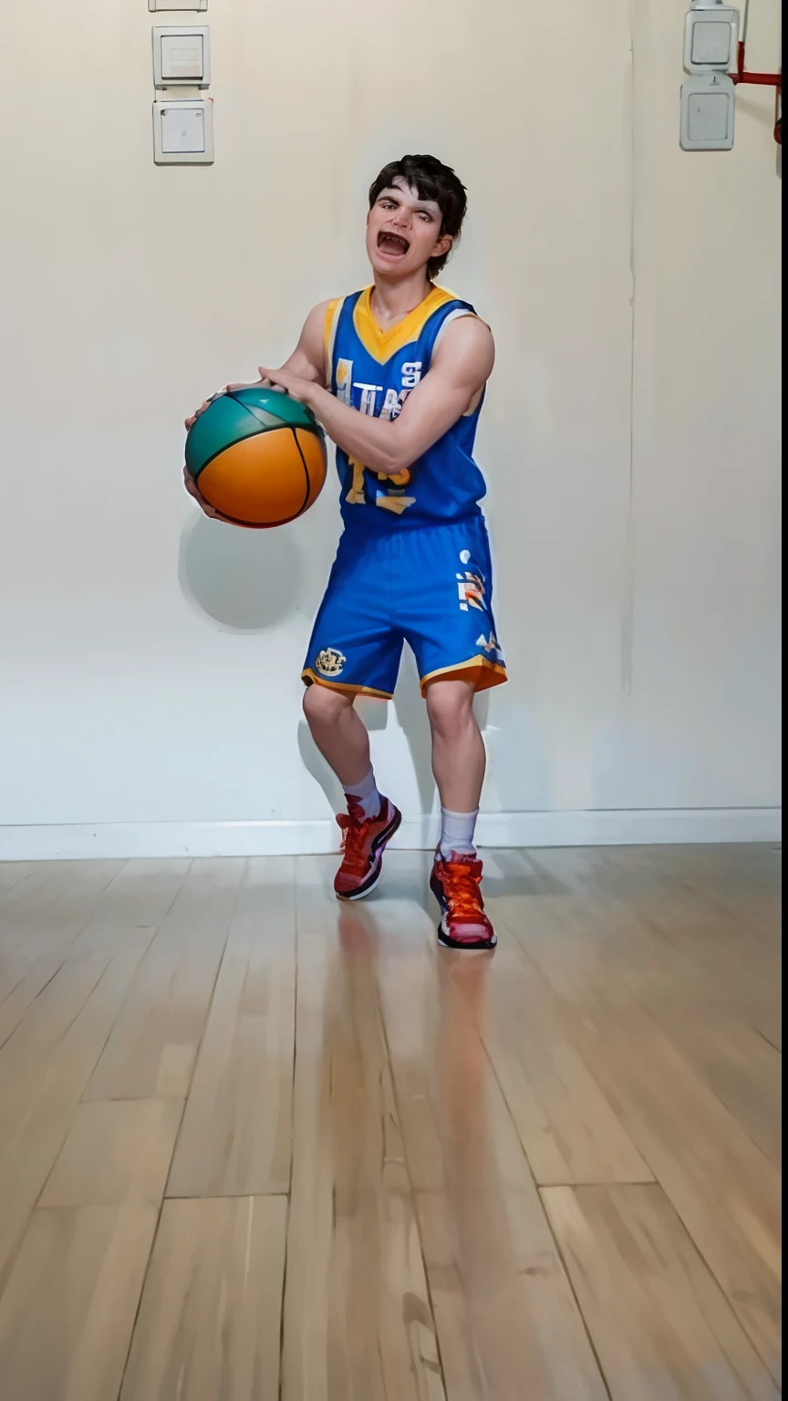 Alafard boy in blue and orange uniform holds a basketball, dribble contest winner, dribbble, Playing basketball, wearing basketball jersey, Dunking, hip and leg shot, trending dribble, drools, low quality video, basketball, Since then,basketball ball, mid air shot