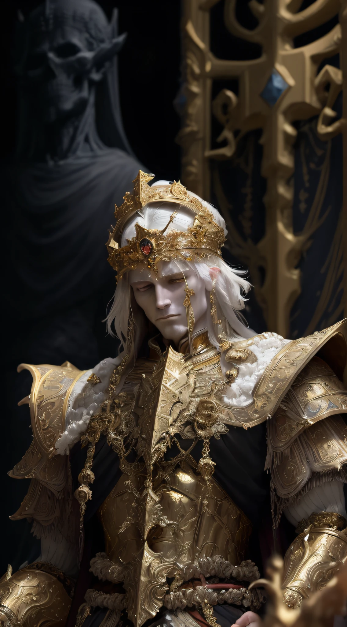 a close up of a statue of a man in a golden costume, portrait of emperor of mankind, intricate white and gold armor, heavy white and golden armor, medieval old king, hyperdetailed fantasy character, intricate baroque armour, ornate cosplay, ornate white and gold armour, high detail iconic character, great king of stovokor, undead skeleton king, the god emperor of mankind