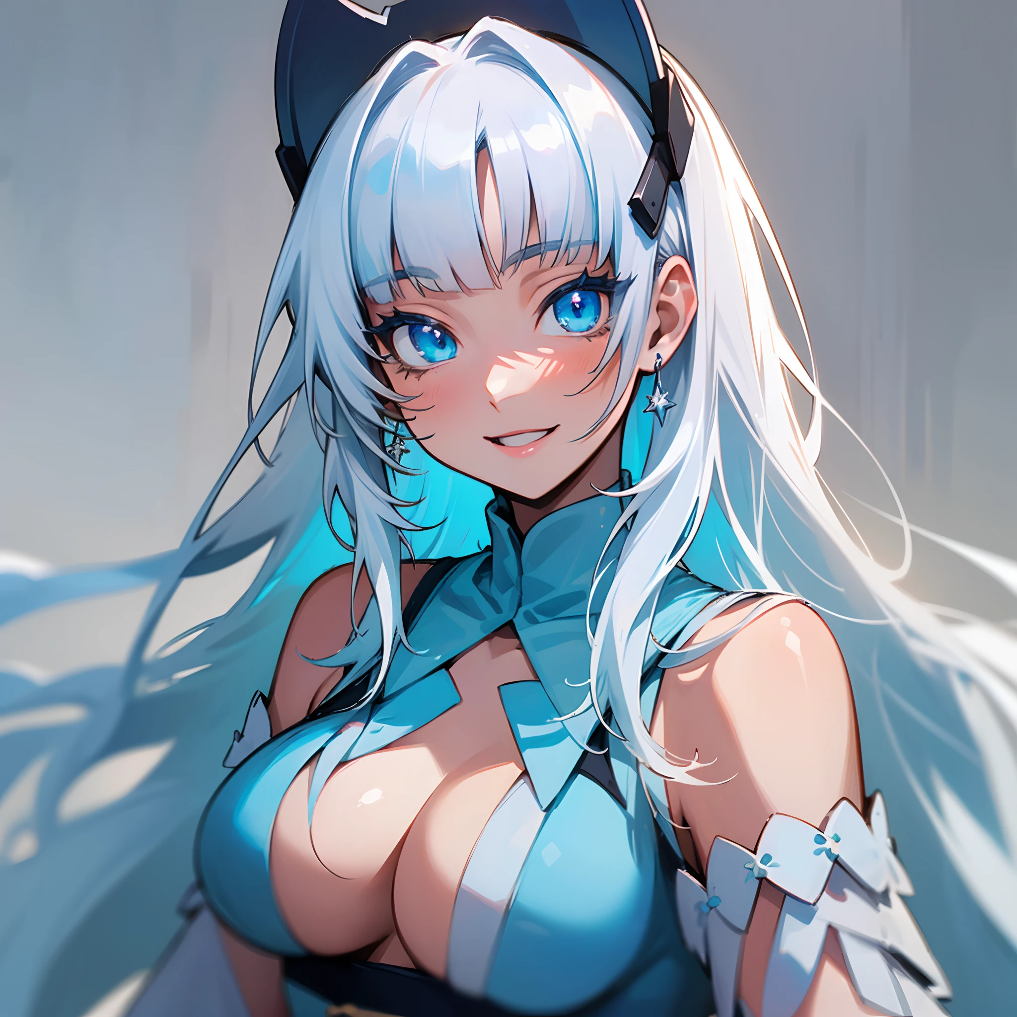 (Best Quality,High resolution:1.2),a portrait photo of,White hair,Long hair,Dazzling blue eyes,attractive girl,18 years old,Bigchest,Soft bangs,White and blue tones,Bright smile,Cowboy Shot